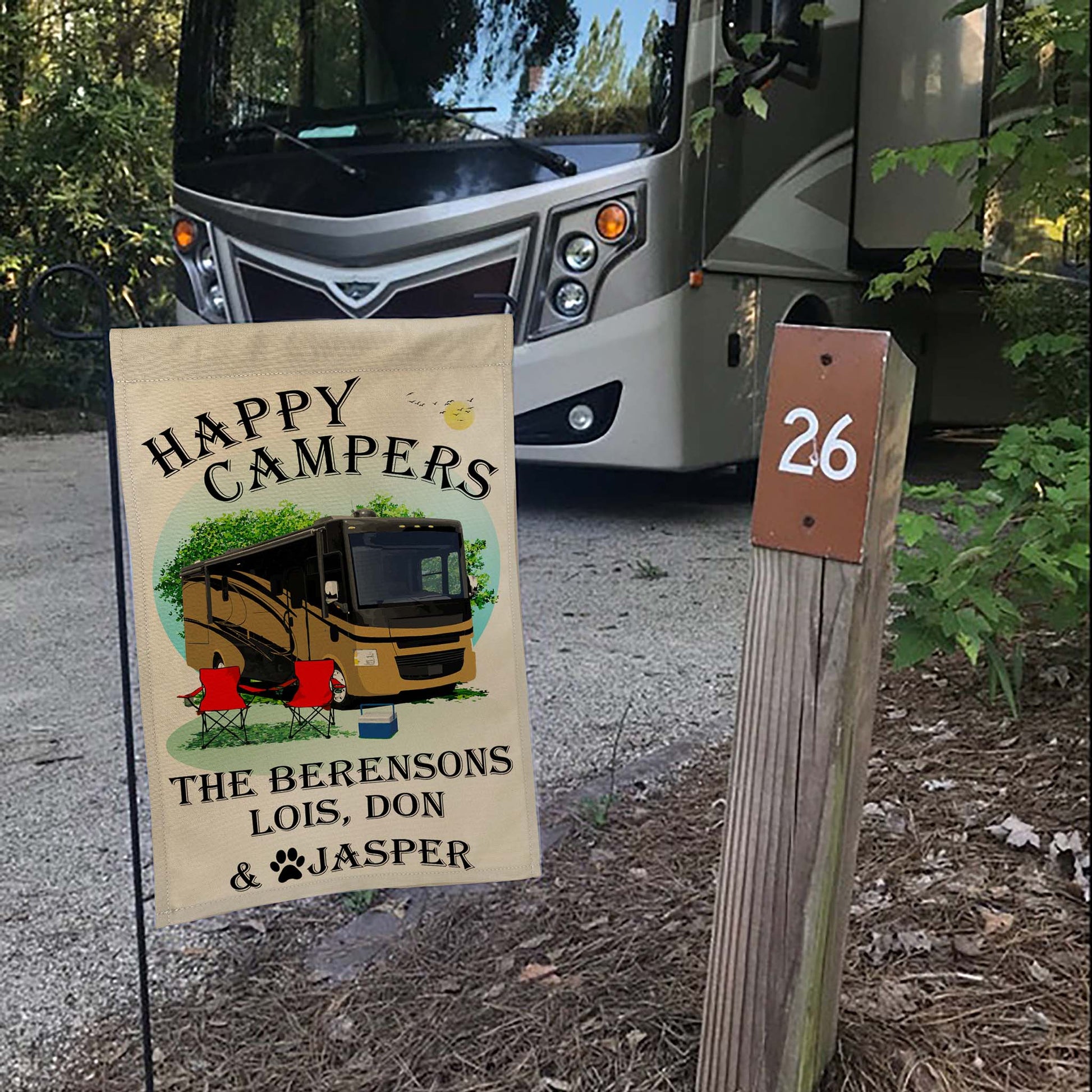 Happy Campers, Personalized Class A Motorhome Camp Flag