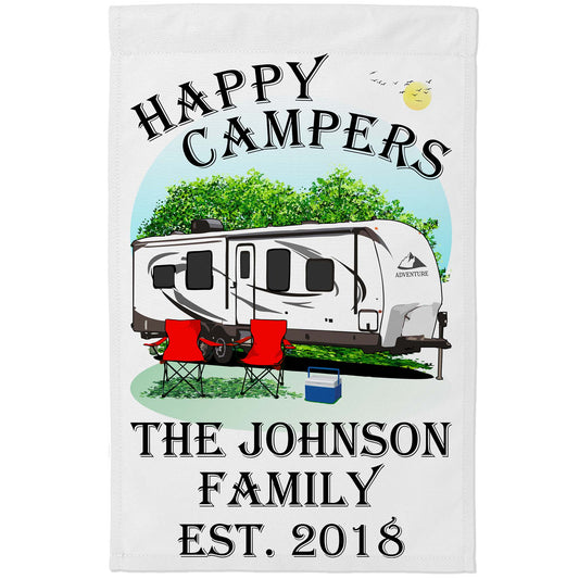 “Happy Campers” Personalized Camping Flag – Travel Trailer Design on White Fabric