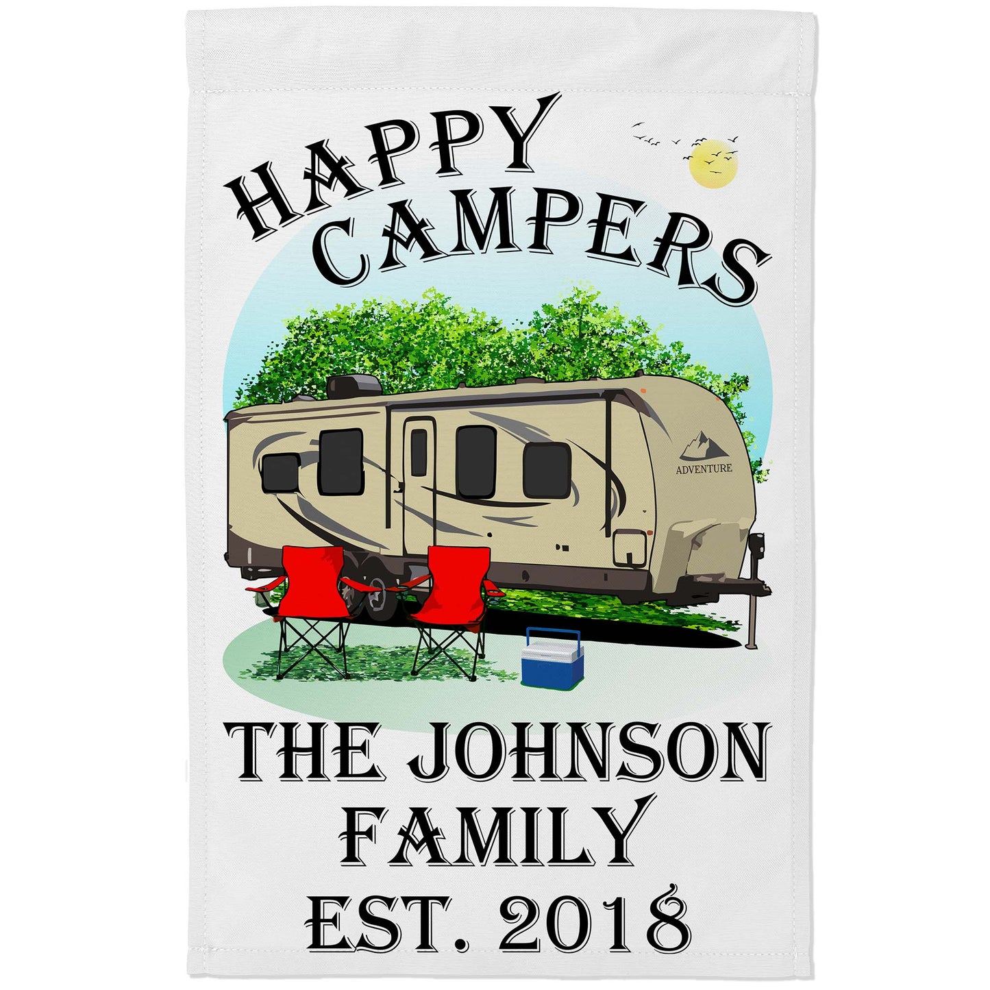 “Happy Campers” Personalized Camping Flag – Travel Trailer Design on White Fabric
