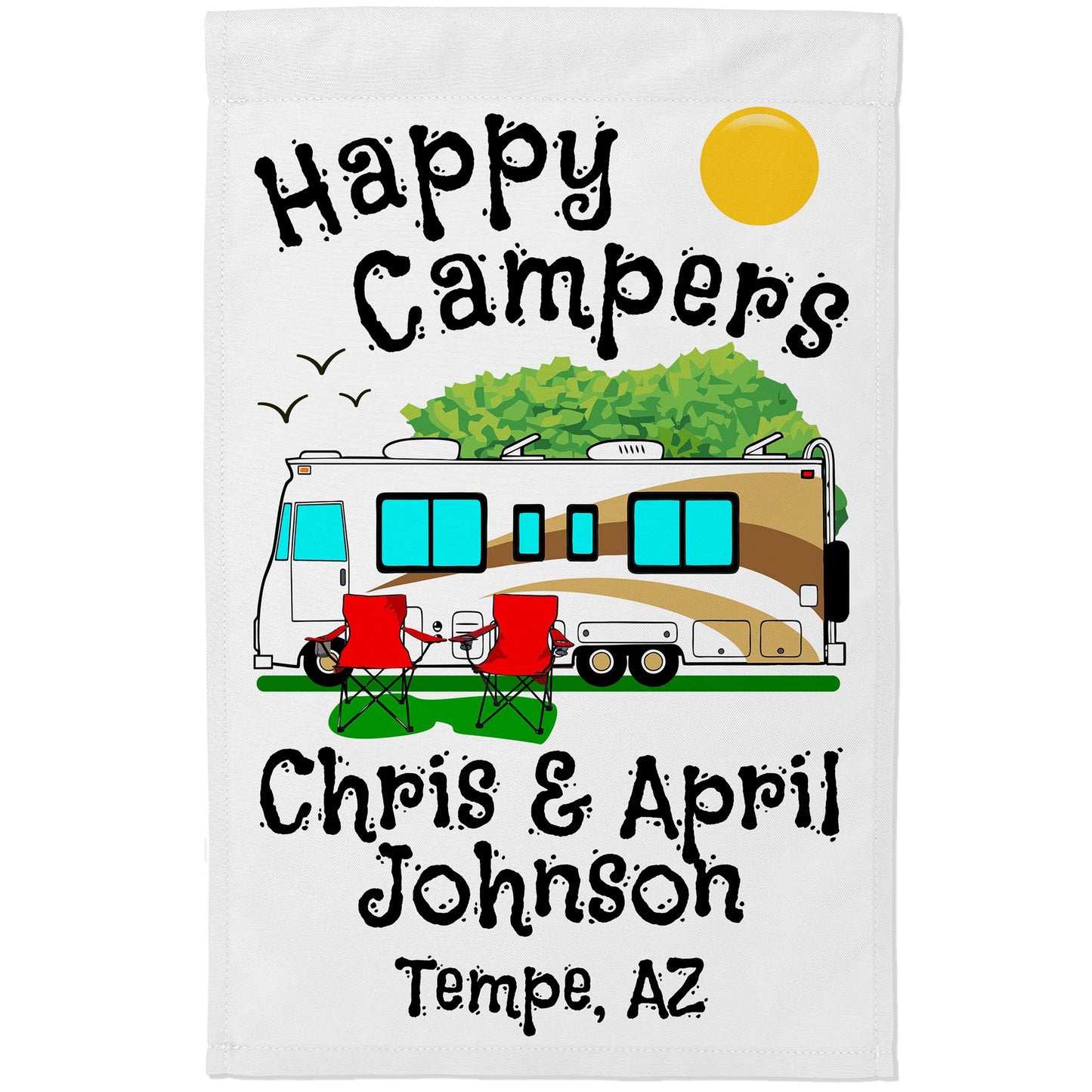 Personalized Happy Campers RV Camping Flag with Class A - White Fabric
