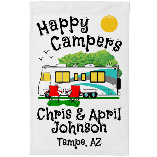 Personalized Happy Campers RV Camping Flag with Class A - White Fabric