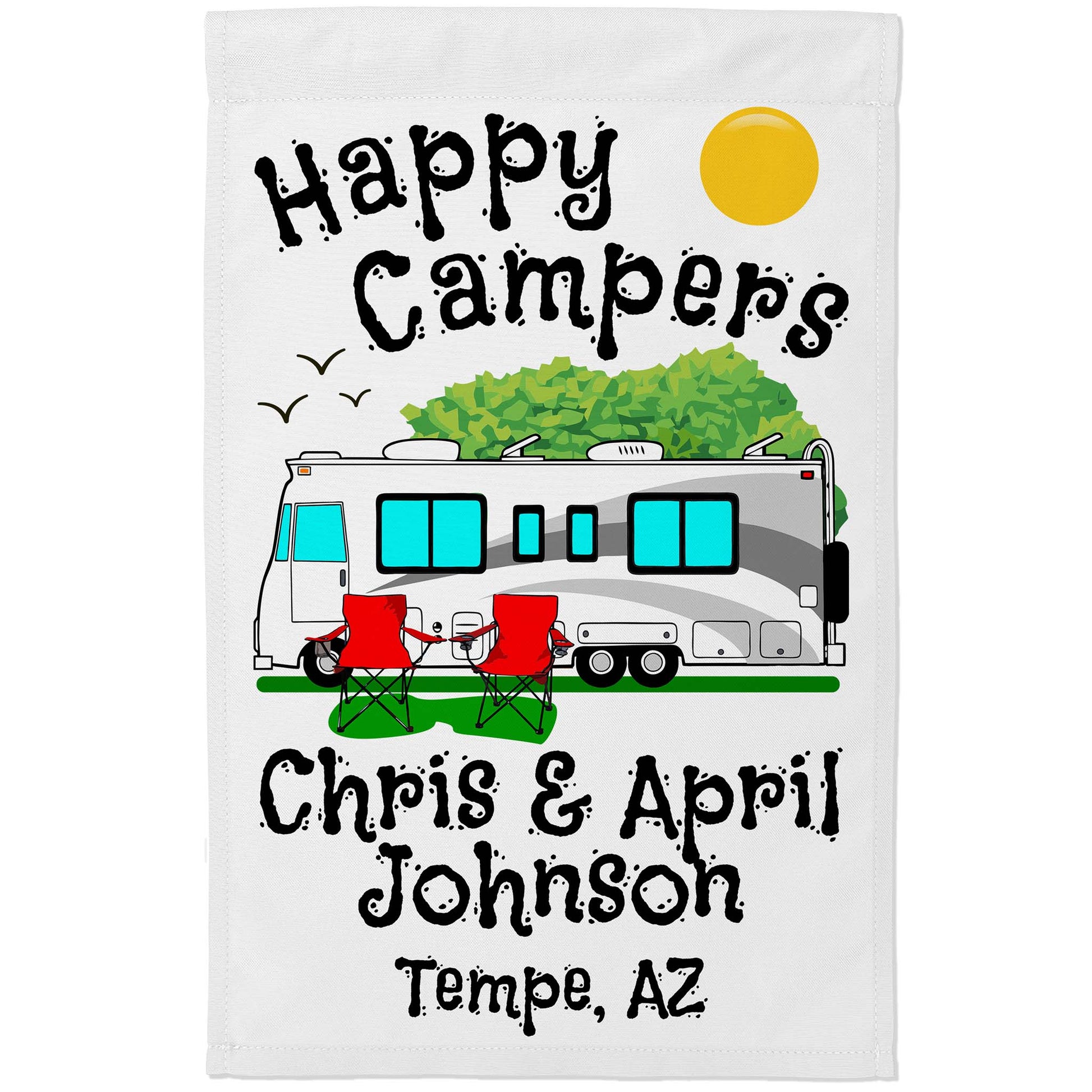 Personalized Happy Campers RV Camping Flag with Class A - White Fabric