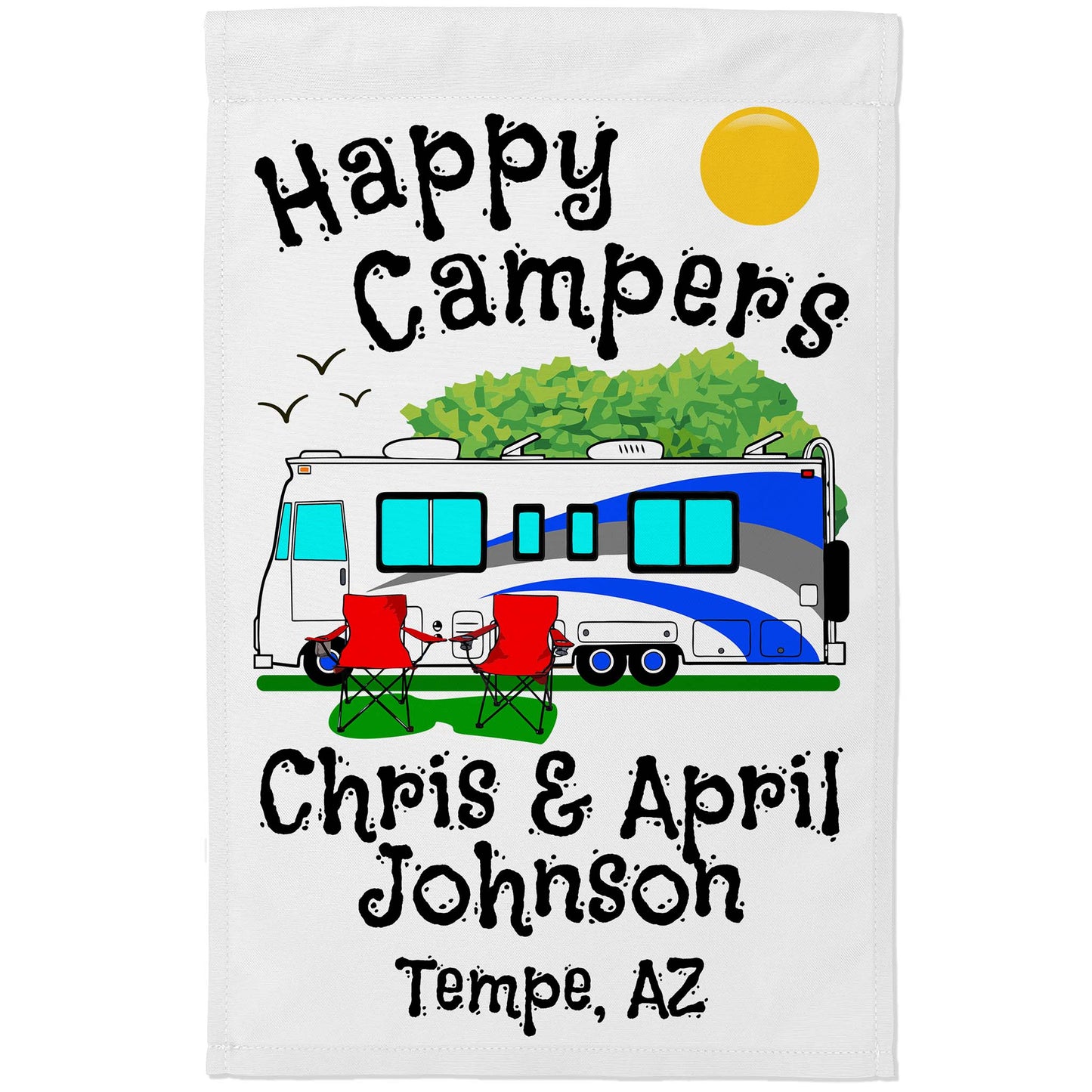 Personalized Happy Campers RV Camping Flag with Class A - White Fabric