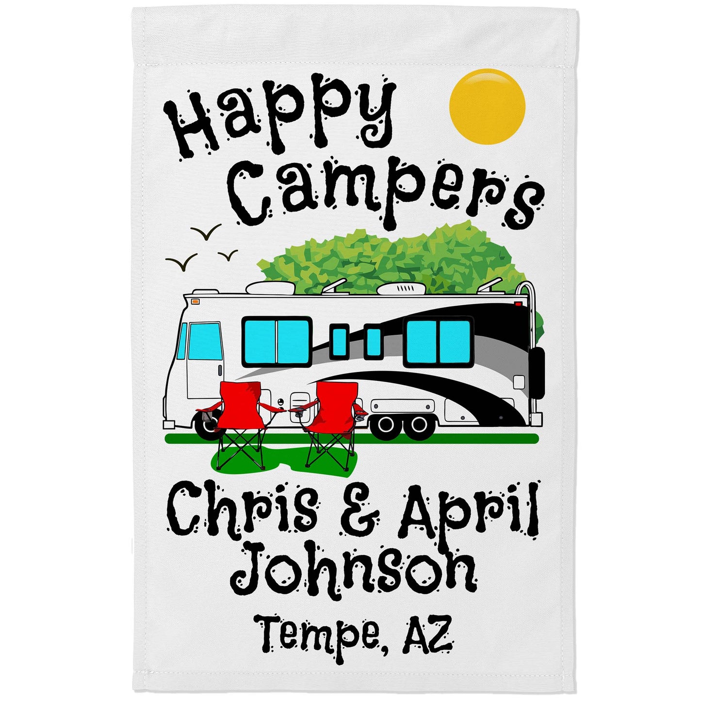 Personalized Happy Campers RV Camping Flag with Class A - White Fabric