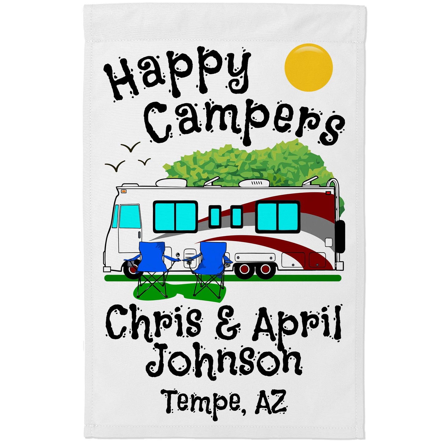 Personalized Happy Campers RV Camping Flag with Class A - White Fabric