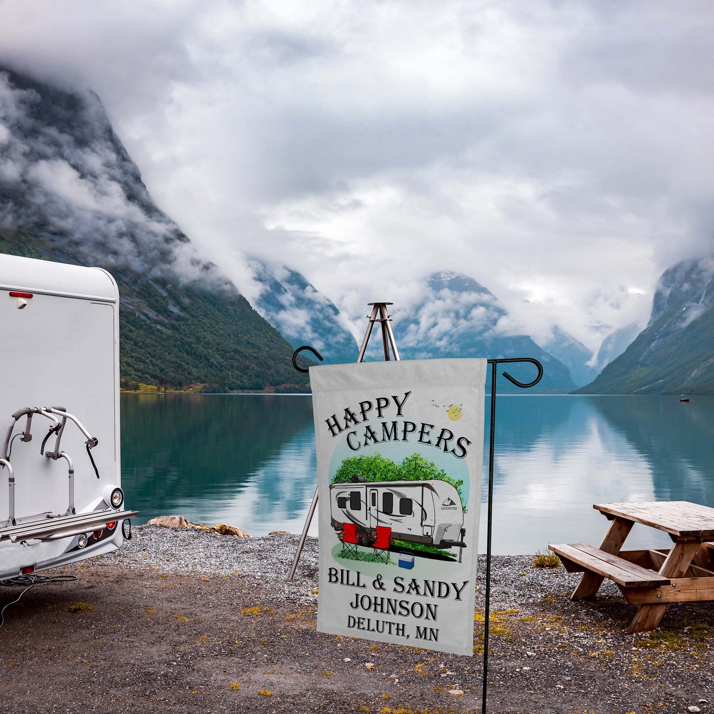 “Happy Campers” Personalized Camping Flag – Travel Trailer Design on White Fabric