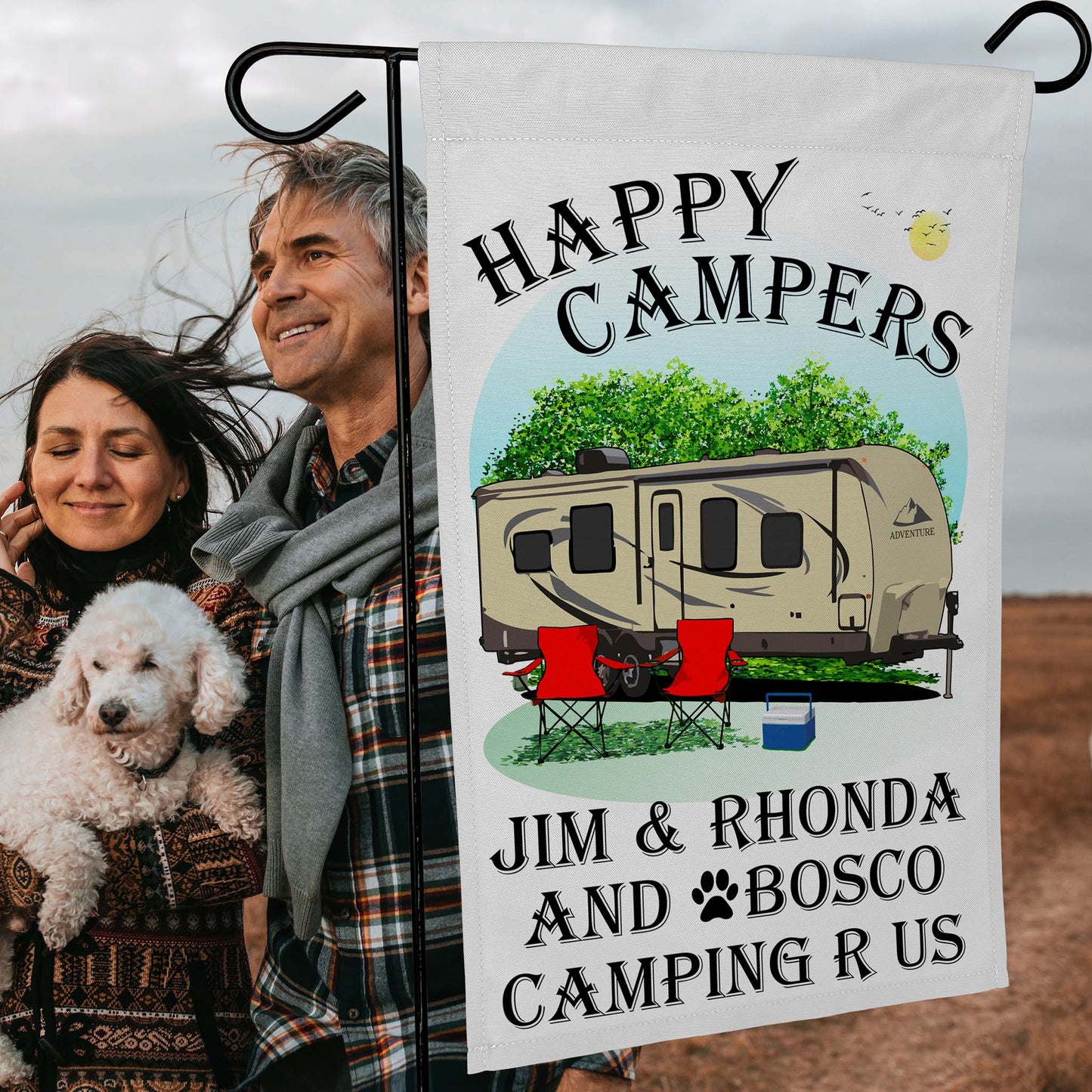 “Happy Campers” Personalized Camping Flag – Travel Trailer Design on White Fabric
