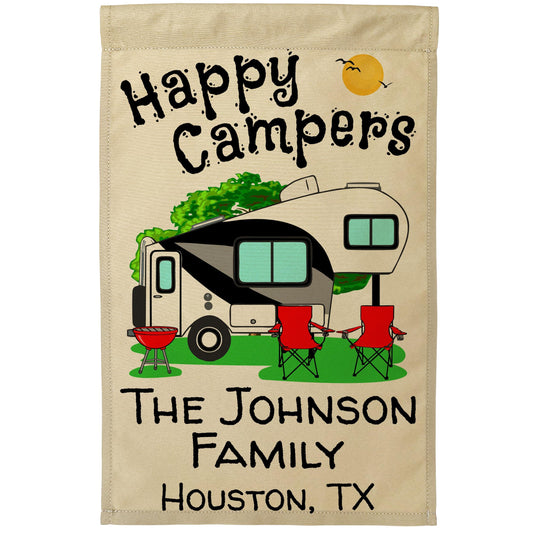 Happy Campers Personalized Camping Flag With 5th Wheel Trailer - Tan Fabric