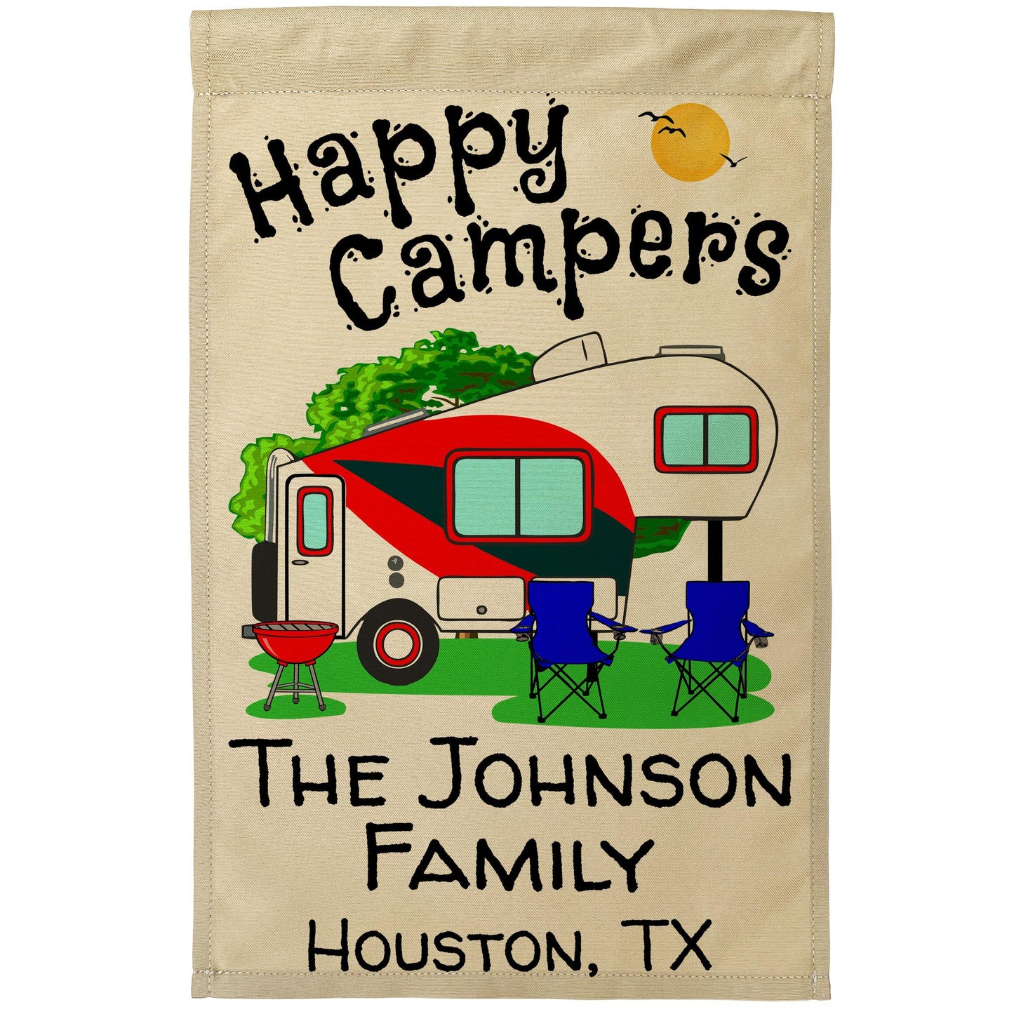 Happy Campers Personalized Camping Flag With 5th Wheel Trailer - Tan Fabric