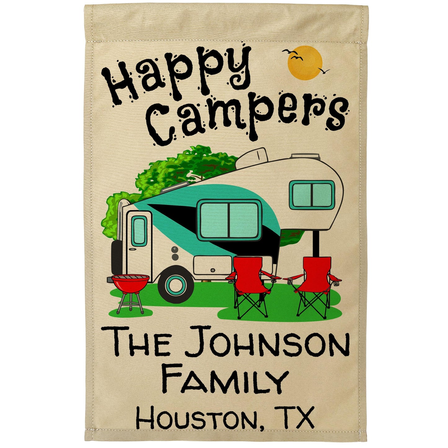 Happy Campers Personalized Camping Flag With 5th Wheel Trailer - Tan Fabric
