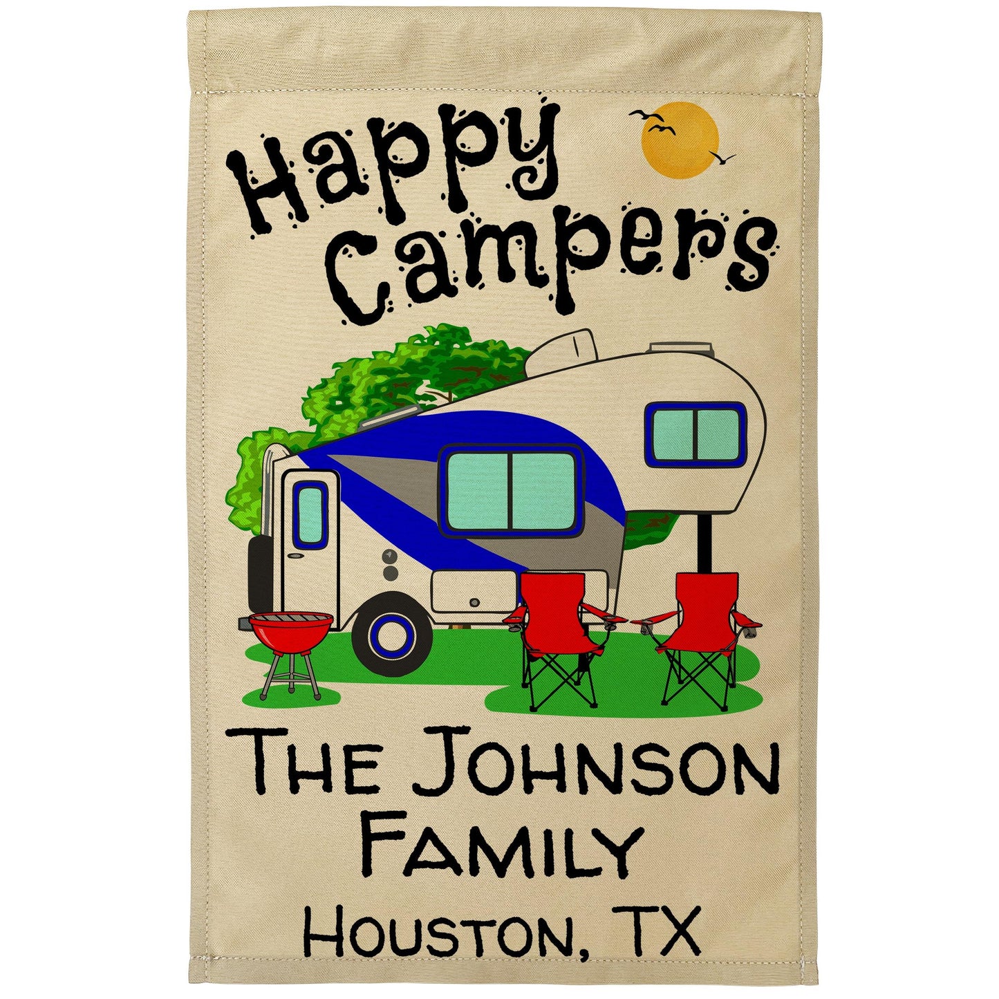 Happy Campers Personalized Camping Flag With 5th Wheel Trailer - Tan Fabric