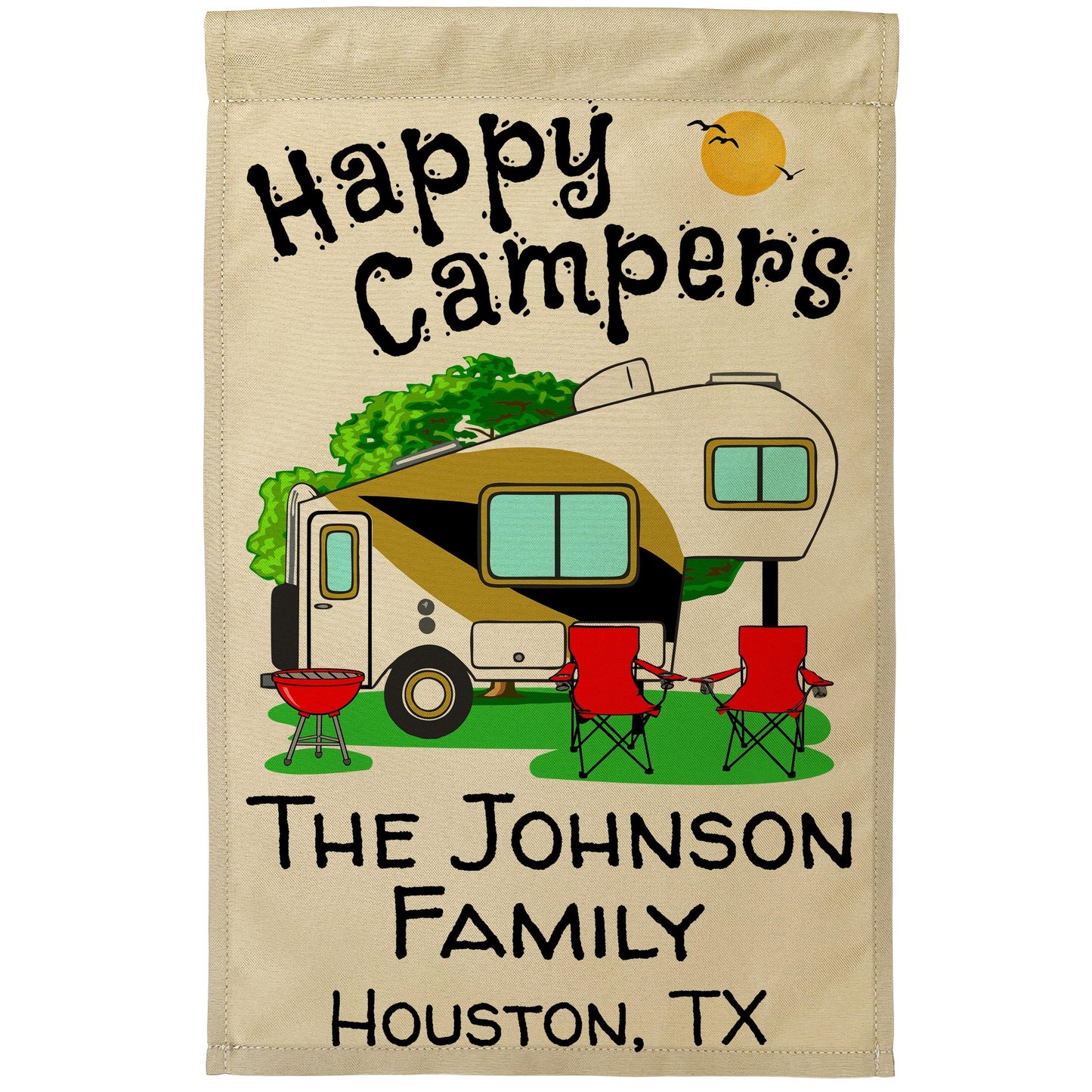 Happy Campers Personalized Camping Flag With 5th Wheel Trailer - Tan Fabric