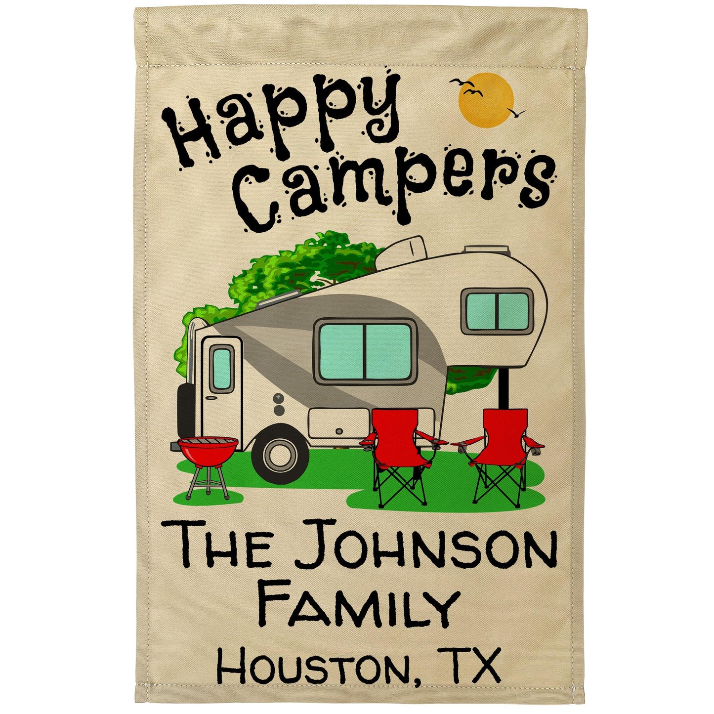 Happy Campers Personalized Camping Flag With 5th Wheel Trailer - Tan Fabric