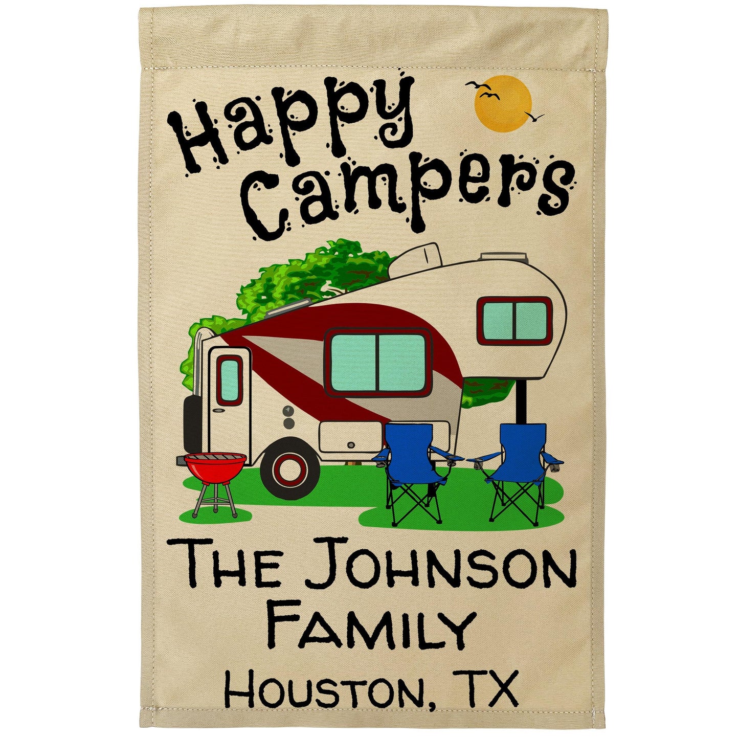 Happy Campers Personalized Camping Flag With 5th Wheel Trailer - Tan Fabric