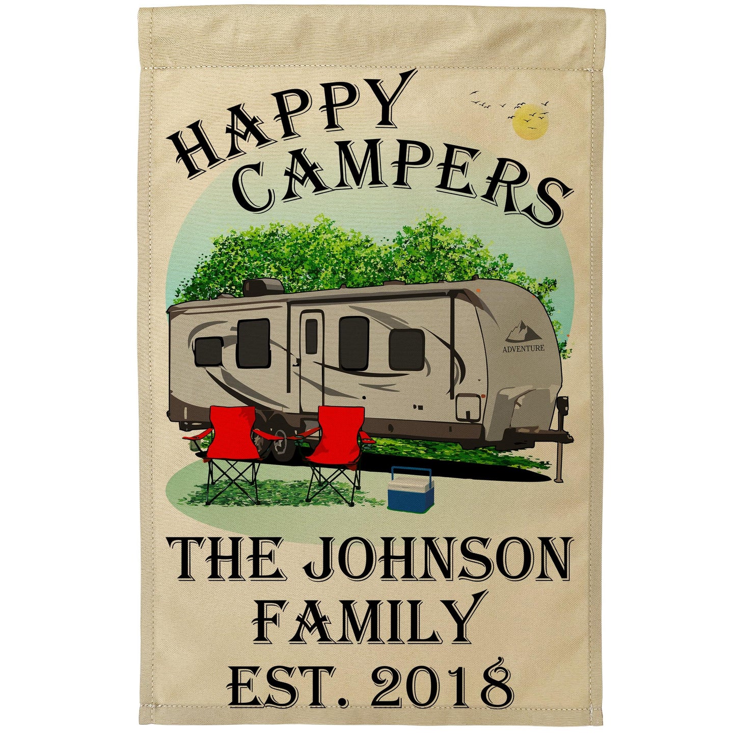 “Happy Campers” Personalized Camping Flag – Travel Trailer Design on Tan Fabric