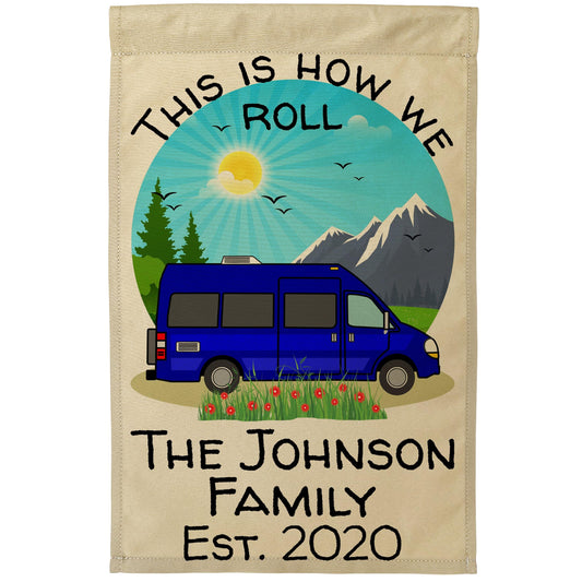This is How We Roll, Personalized Class B Camper Van RV Campsite Flag Tan Fabric