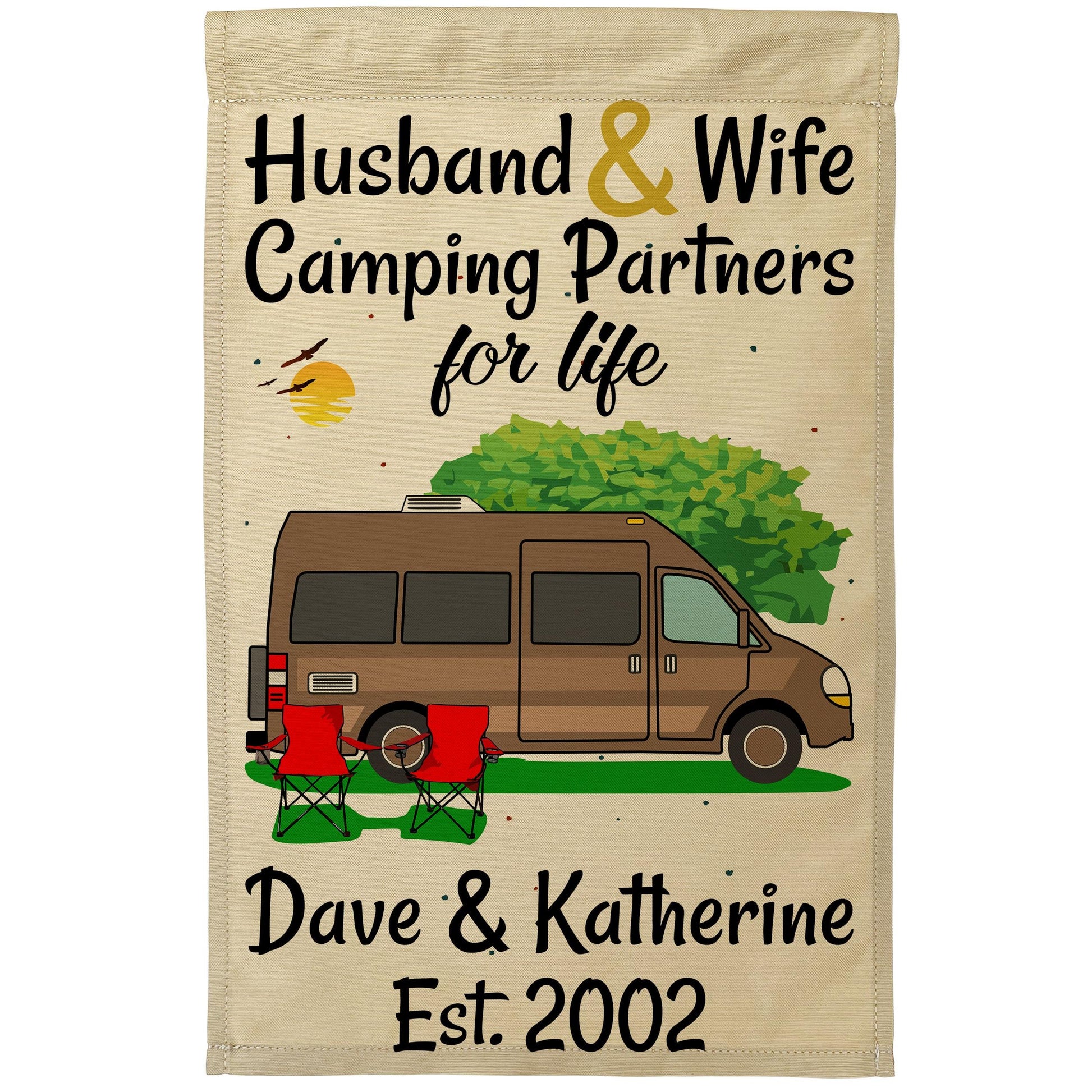 Husband & Wife Camping Partners for Life Personalized Camping Flag with Class B Camper Van