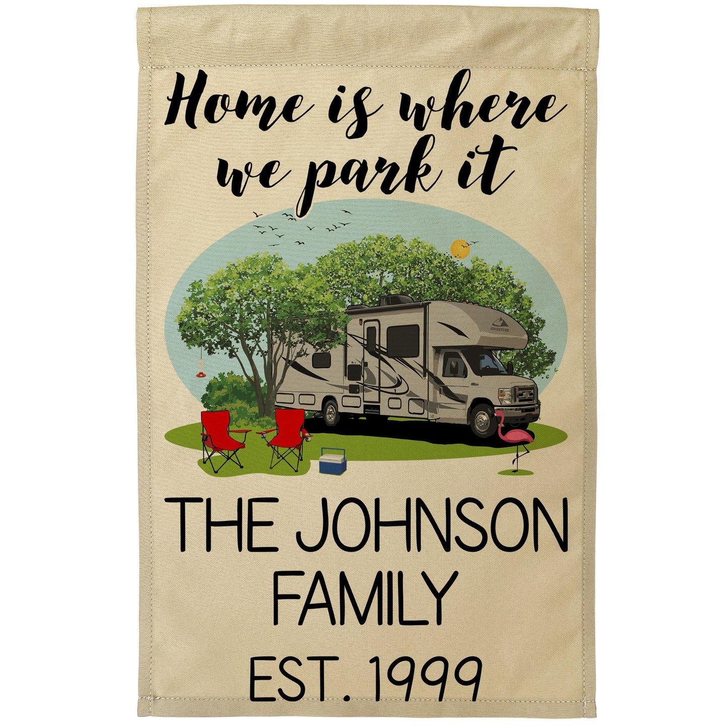Home is Where We Park It Personalized Camping Flag with Class C Motorhome