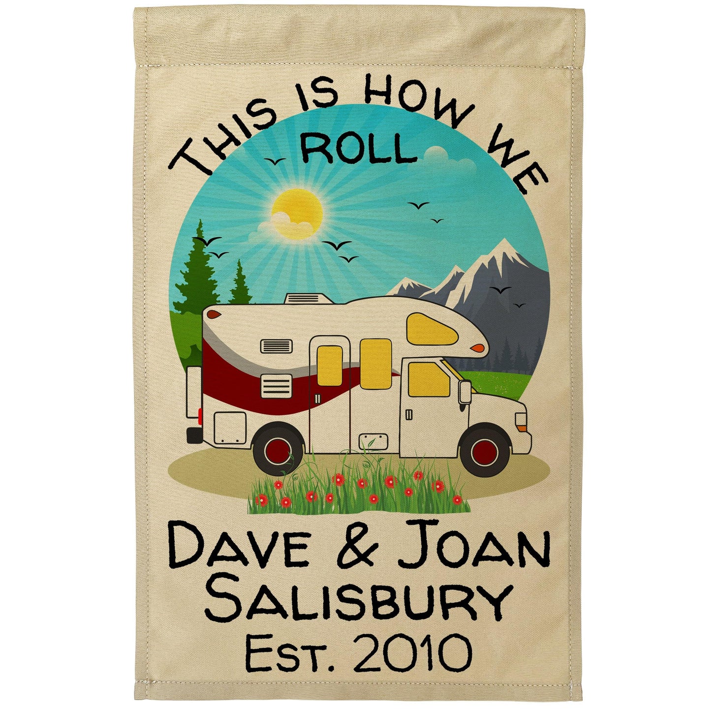 This is How We Roll, Personalized Class C Motorhome RV Campsite Flag on Tan Fabric