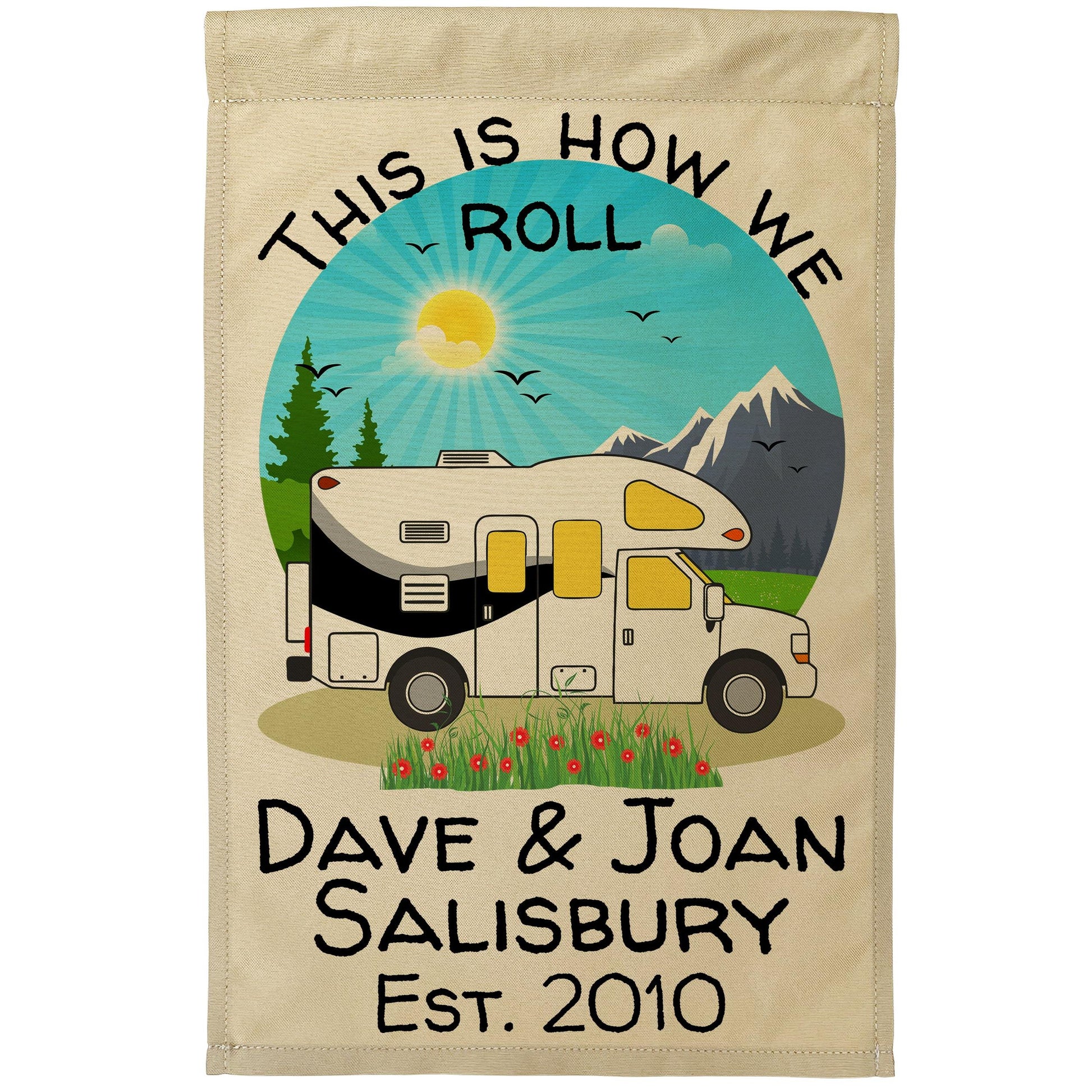 This is How We Roll, Personalized Class C Motorhome RV Campsite Flag on Tan Fabric