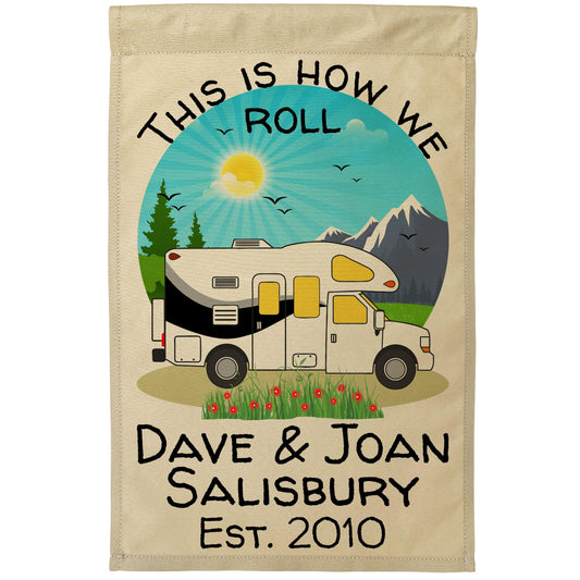 This is How We Roll, Personalized Class C Motorhome RV Campsite Flag on Tan Fabric