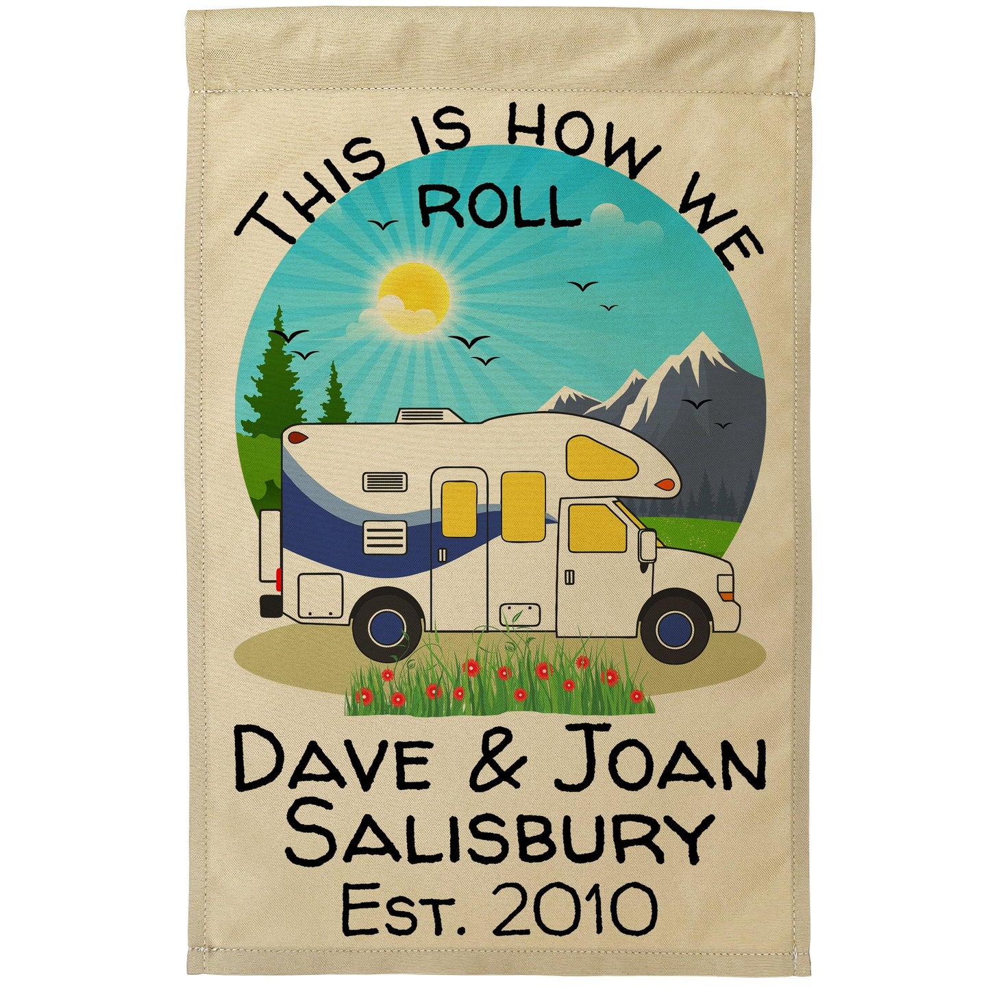 This is How We Roll, Personalized Class C Motorhome RV Campsite Flag on Tan Fabric