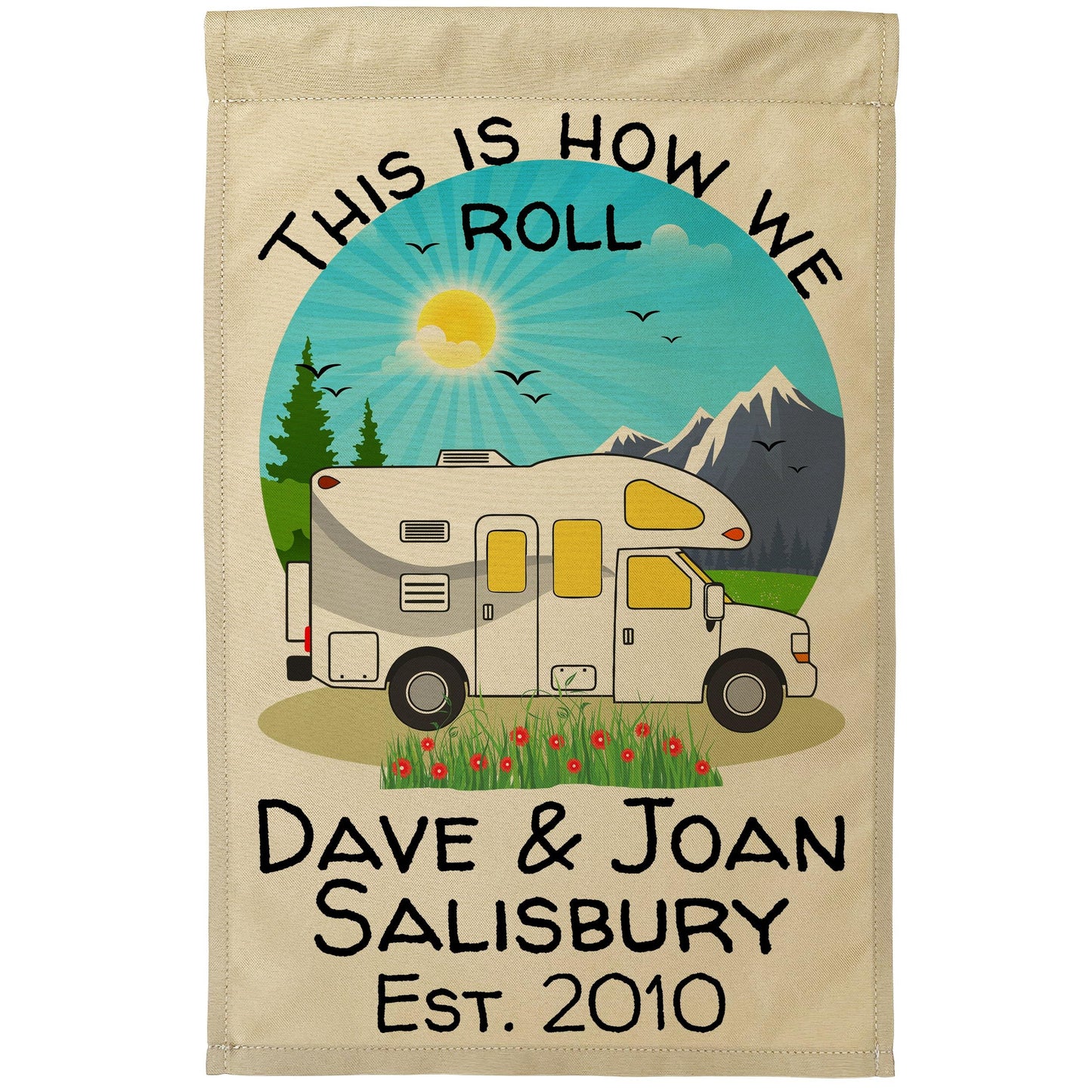 This is How We Roll, Personalized Class C Motorhome RV Campsite Flag on Tan Fabric