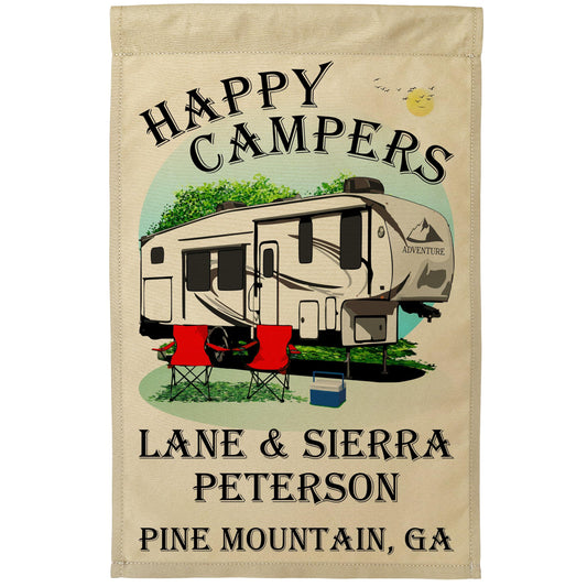 "Happy Campers" Personalized Camping Flag with 5th Wheel Trailer on Tan Fabric