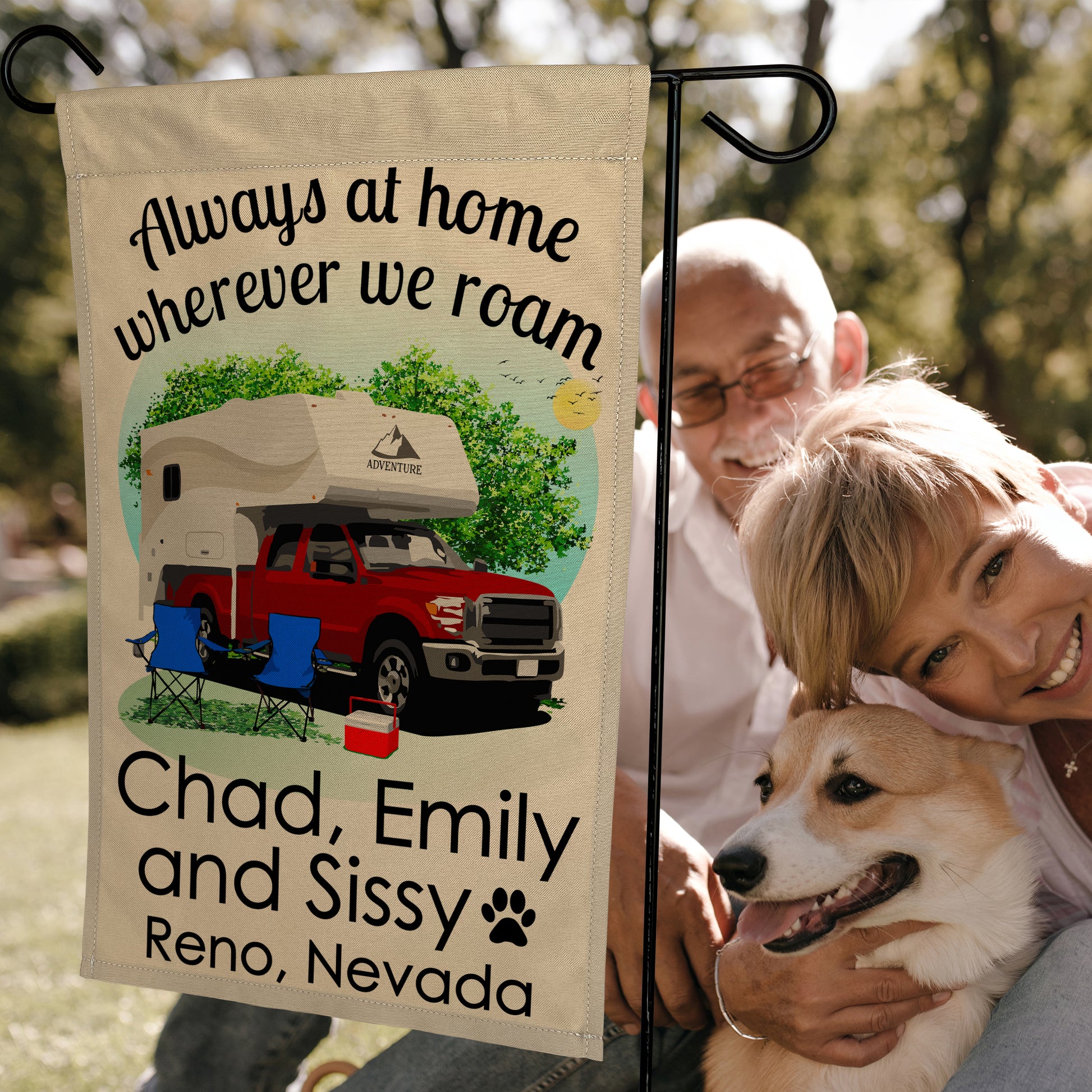 Always at Home Wherever We Roam Camping Flag with Truck and Camper on White Fabric