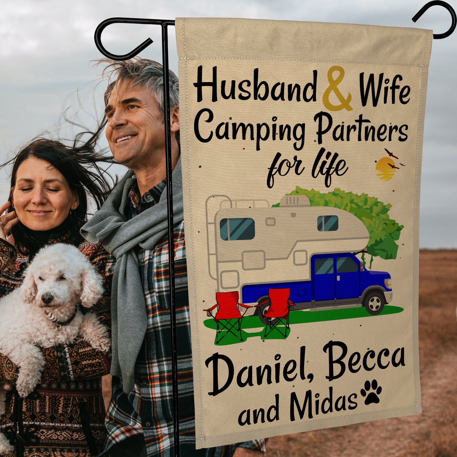Husband and Wife Camping Partners for Life Camping Flag with Truck and Camper on Tan Fabric