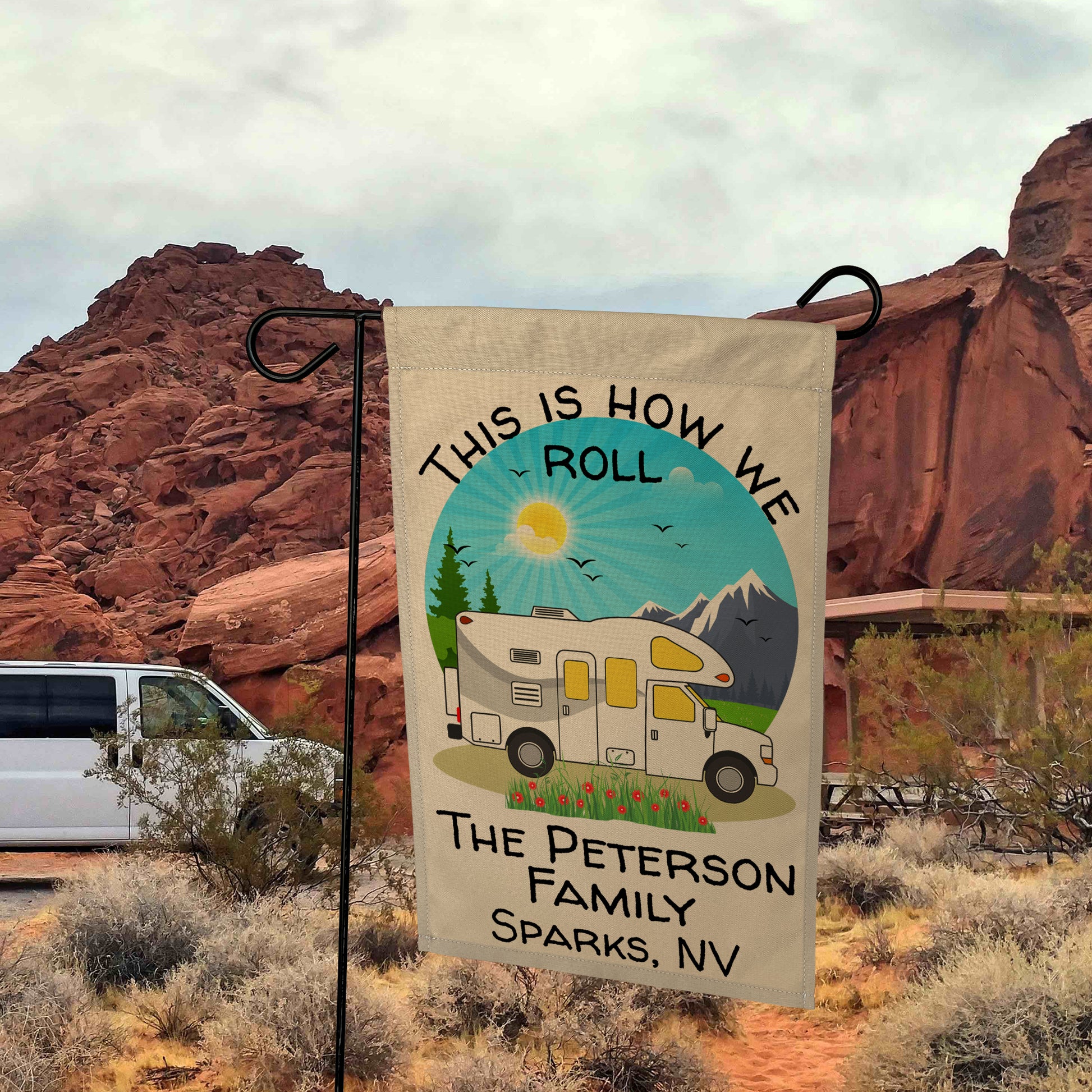 This is How We Roll, Personalized Class C Motorhome RV Campsite Flag on Tan Fabric