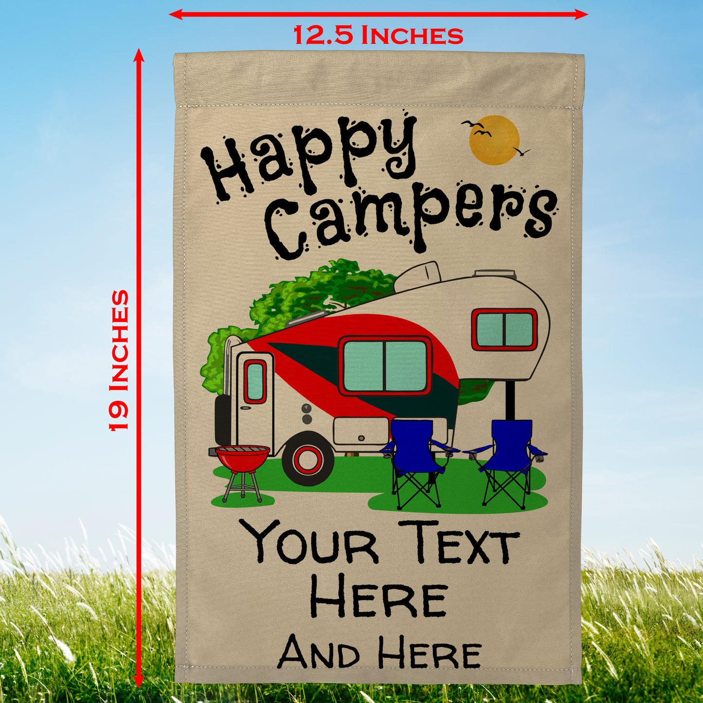 Happy Campers Personalized Camping Flag With 5th Wheel Trailer - Tan Fabric