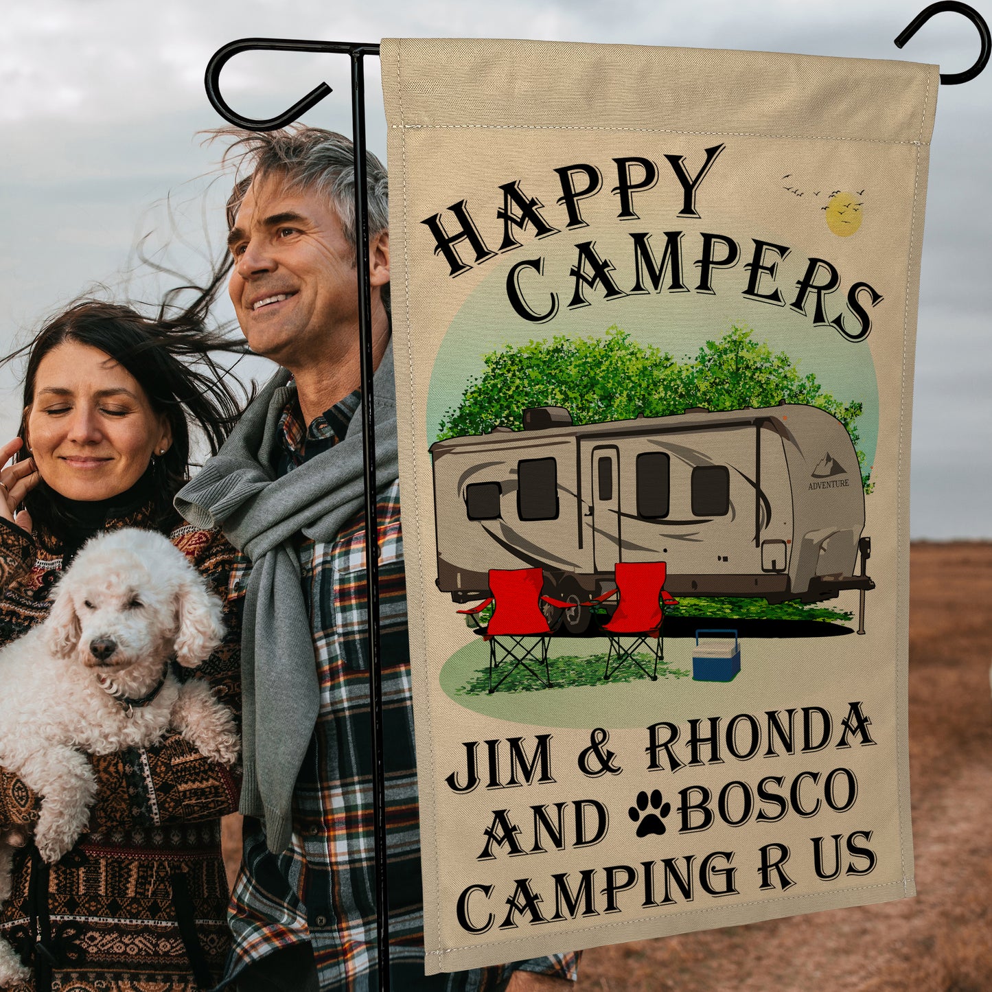 “Happy Campers” Personalized Camping Flag – Travel Trailer Design on Tan Fabric