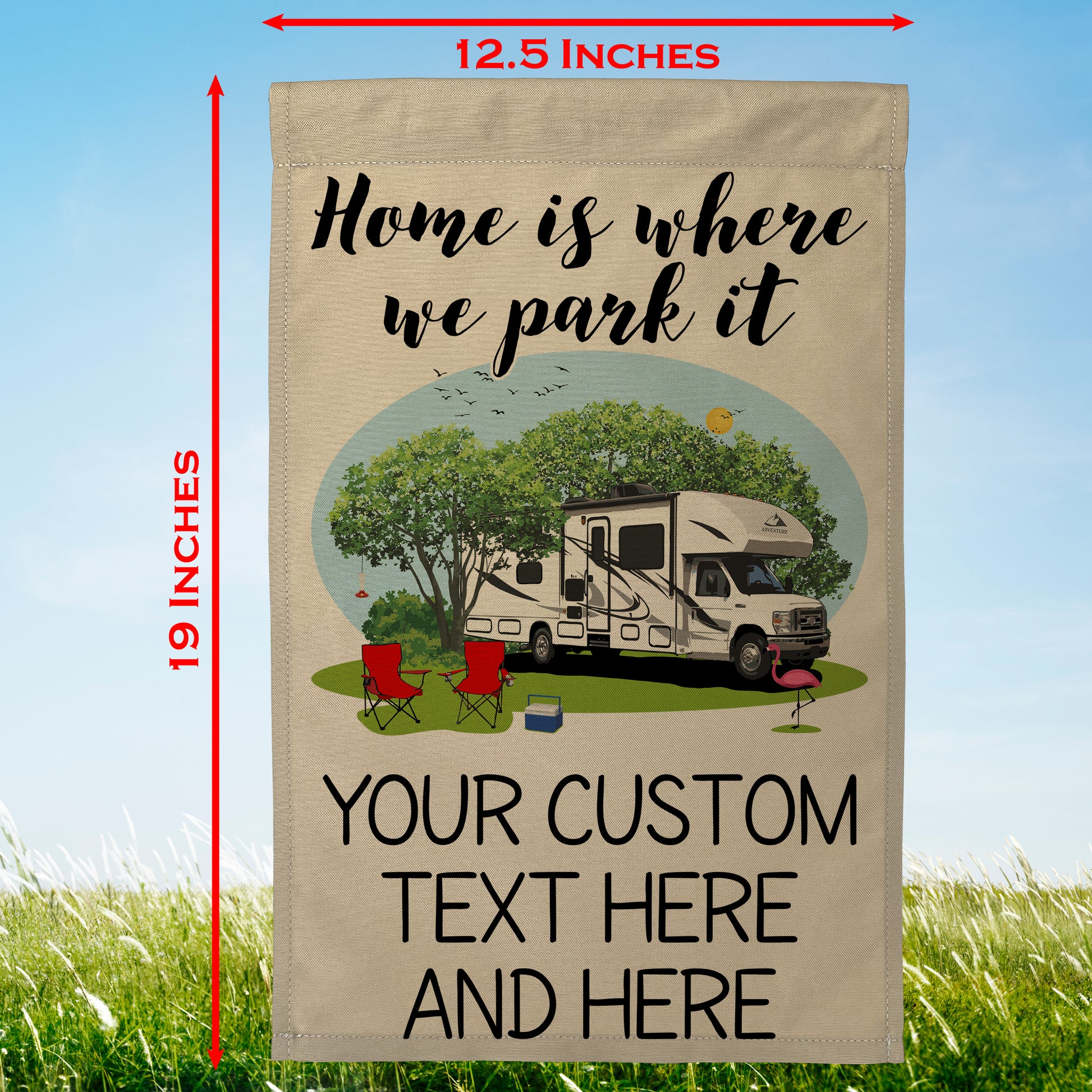 Home is Where We Park It Personalized Camping Flag with Class C Motorhome