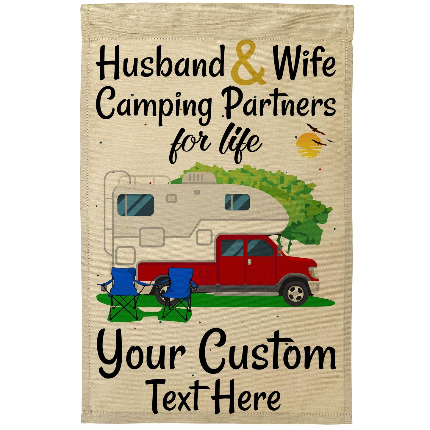 Husband and Wife Camping Partners for Life Camping Flag with Truck and Camper on Tan Fabric
