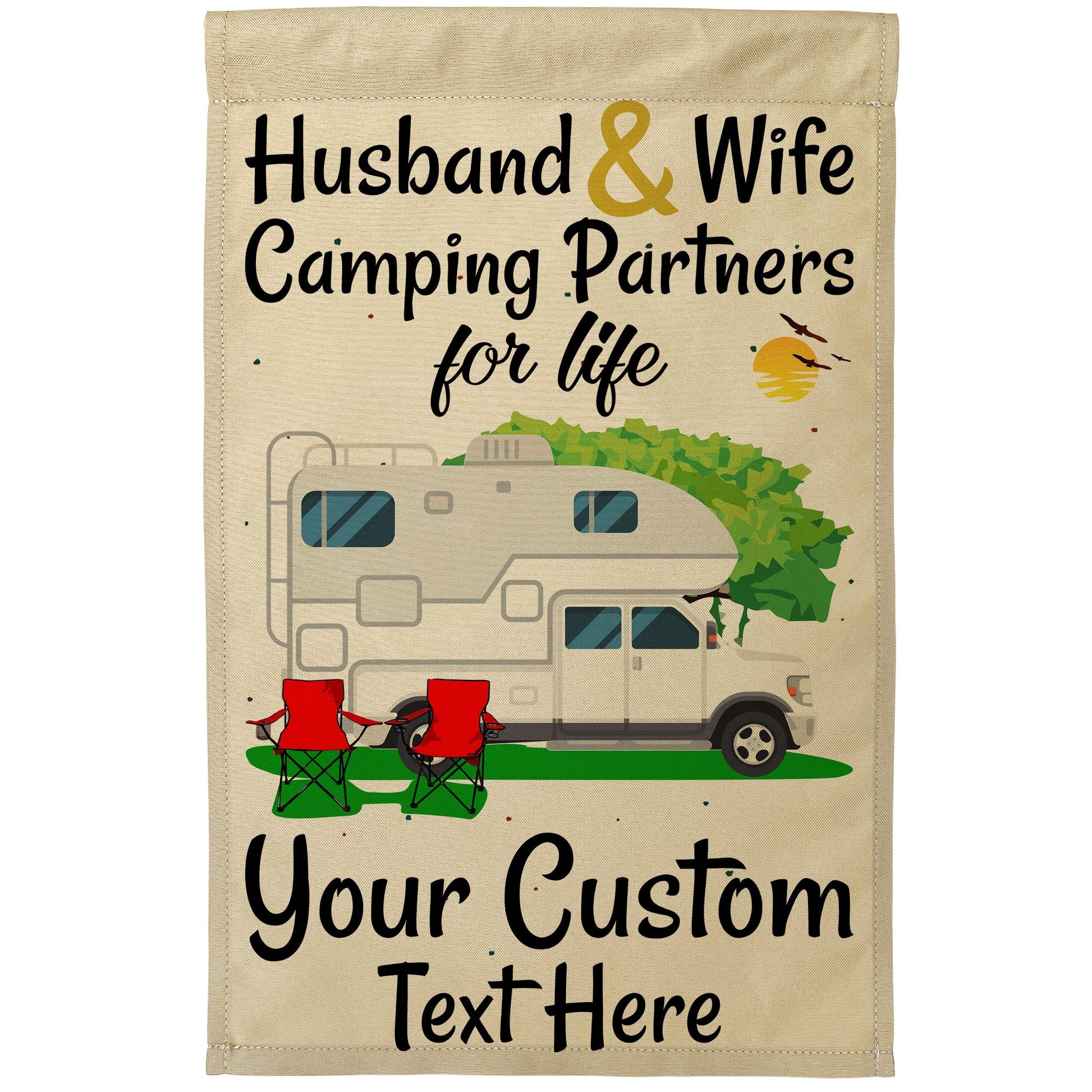 Husband and Wife Camping Partners for Life Camping Flag with Truck and Camper on Tan Fabric