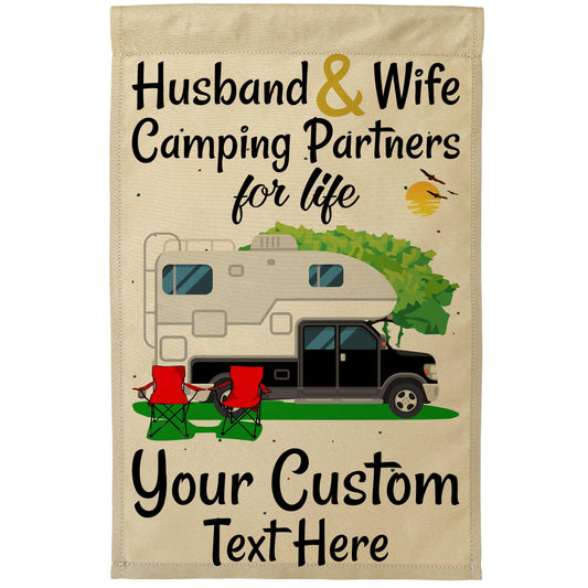 Husband and Wife Camping Partners for Life Camping Flag with Truck and Camper on Tan Fabric