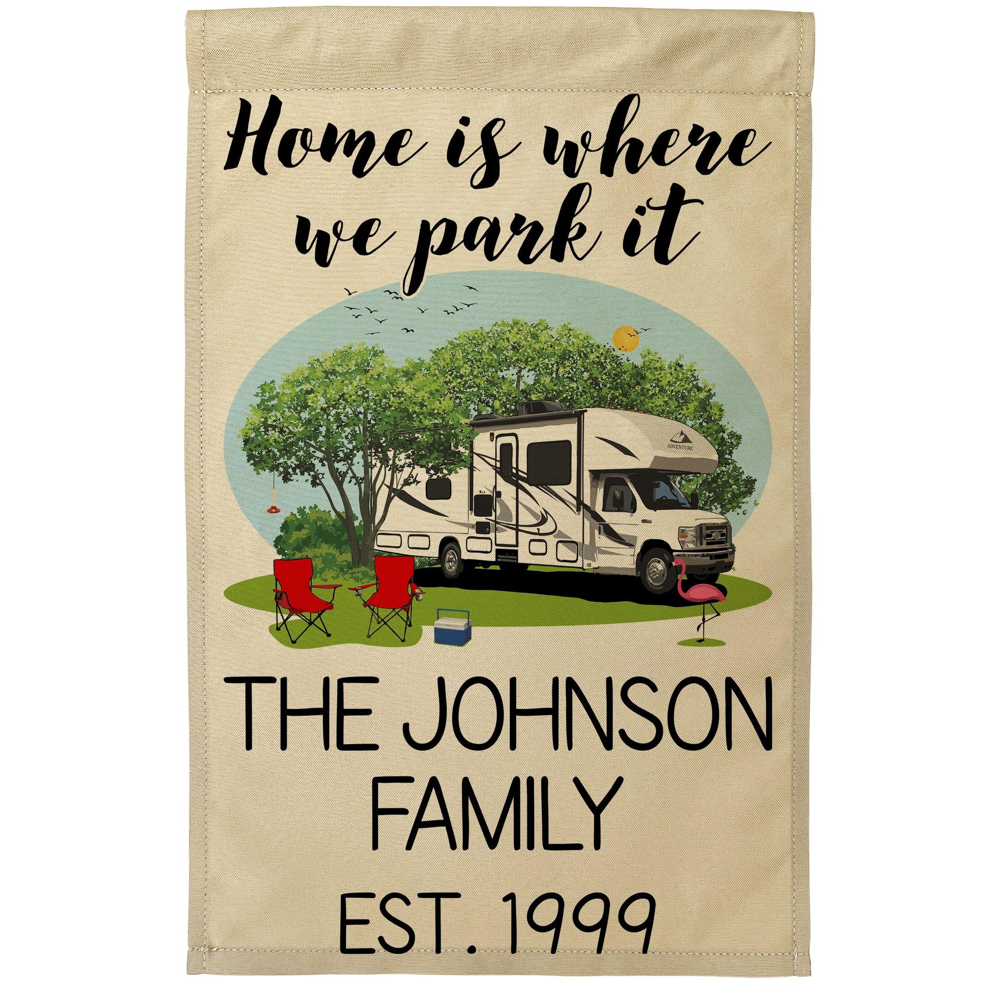Home is Where We Park It Personalized Camping Flag with Class C Motorhome
