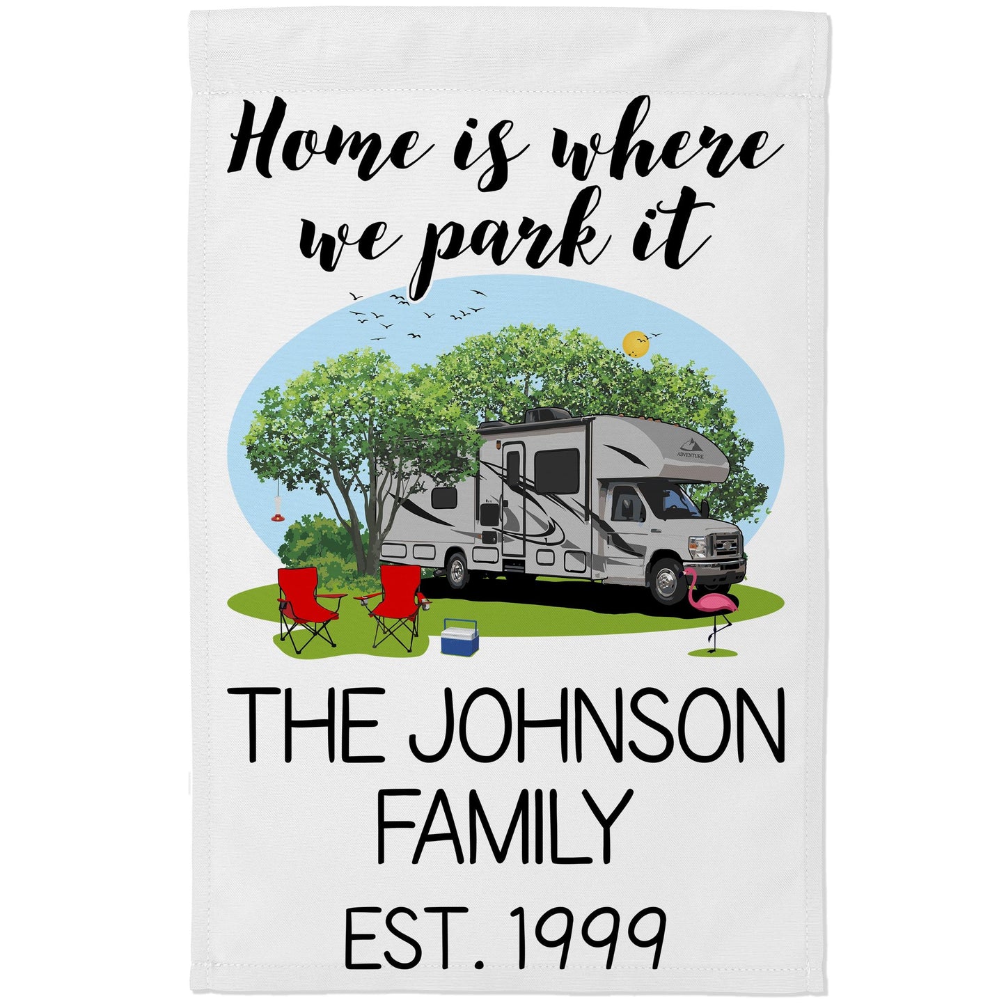 Home is Where We Park It Personalized Camping Flag with Class C Motorhome