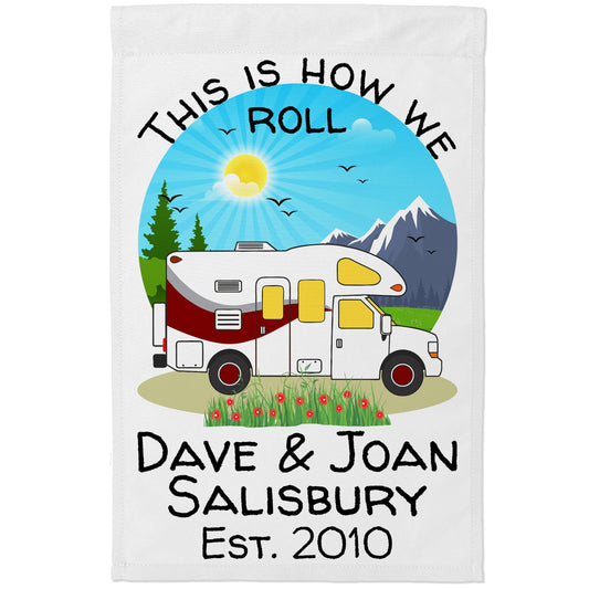 This is How We Roll, Personalized Class C Motorhome RV Campsite Flag on White Fabric