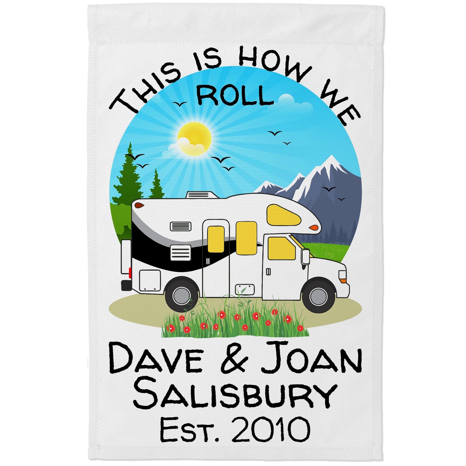 This is How We Roll, Personalized Class C Motorhome RV Campsite Flag on White Fabric