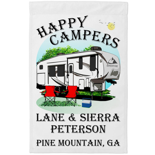 "Happy Campers" Personalized Camping Flag with 5th Wheel Trailer on White Fabric