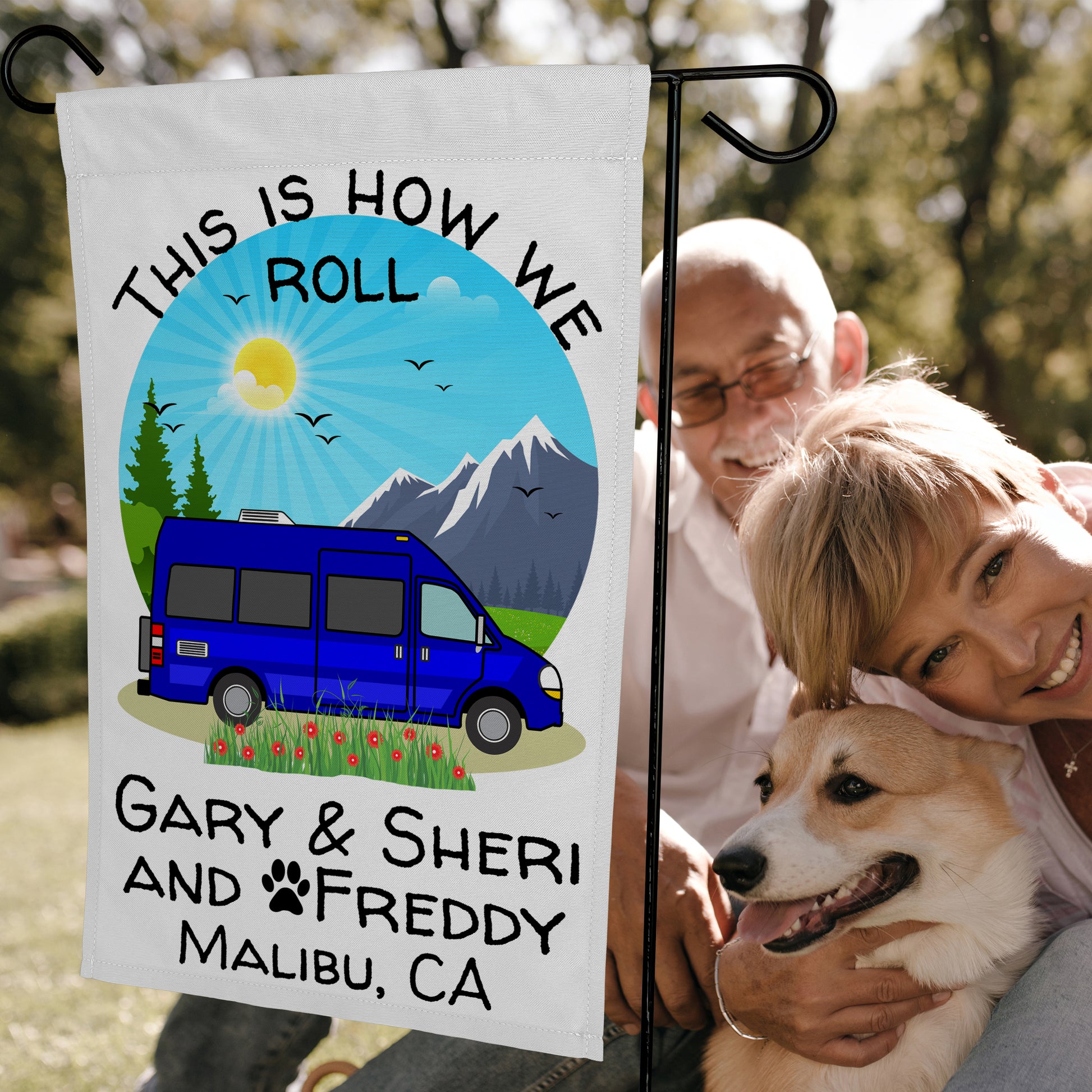 This is How We Roll, Personalized Class B Camper Van RV Campsite Flag on White Fabric