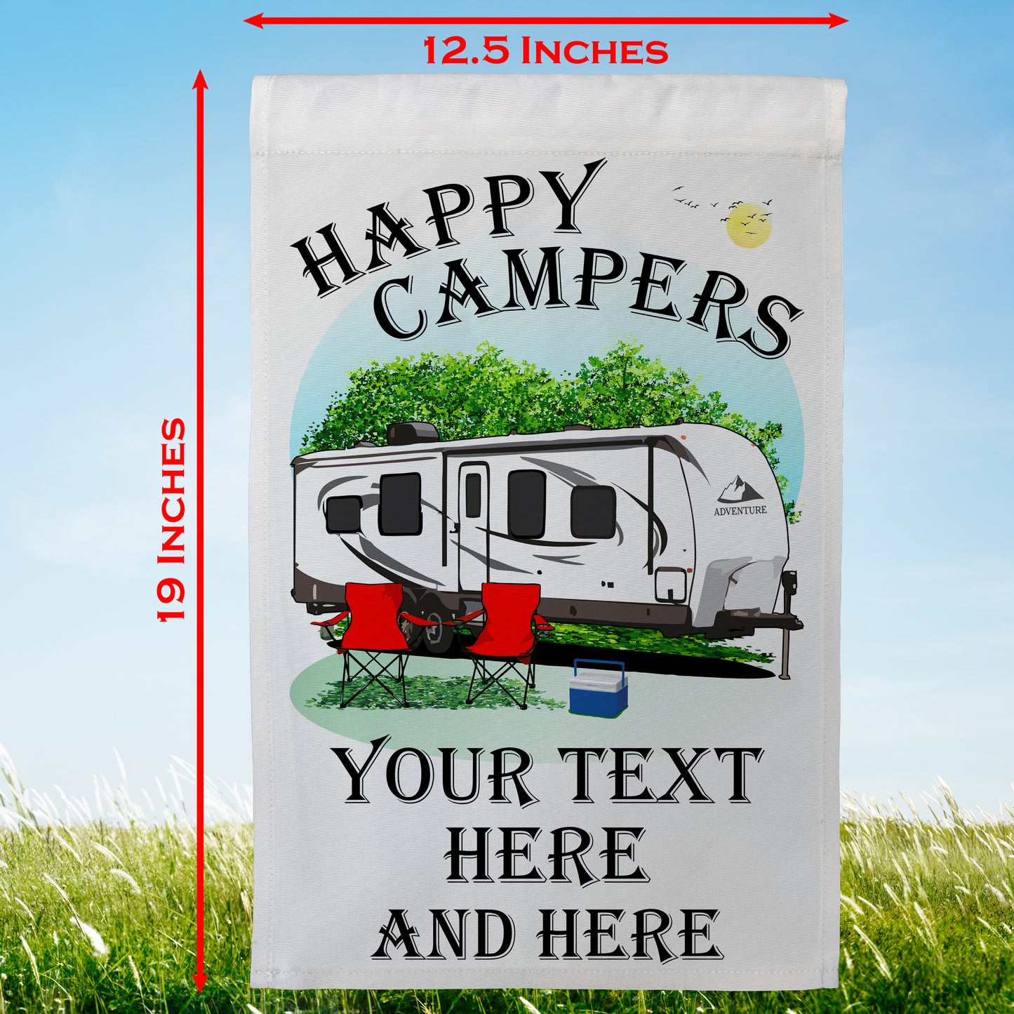 “Happy Campers” Personalized Camping Flag – Travel Trailer Design on White Fabric