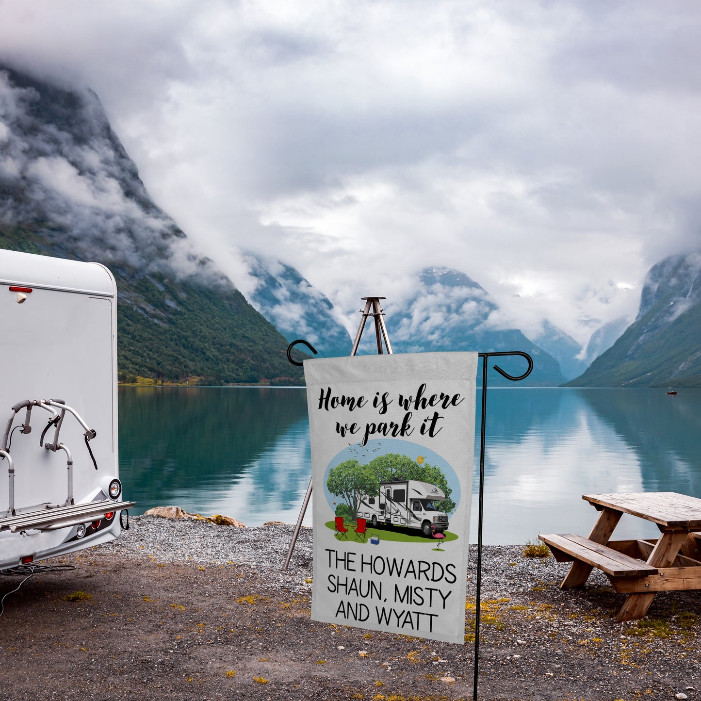 Home is Where We Park It Personalized Camping Flag with Class C Motorhome