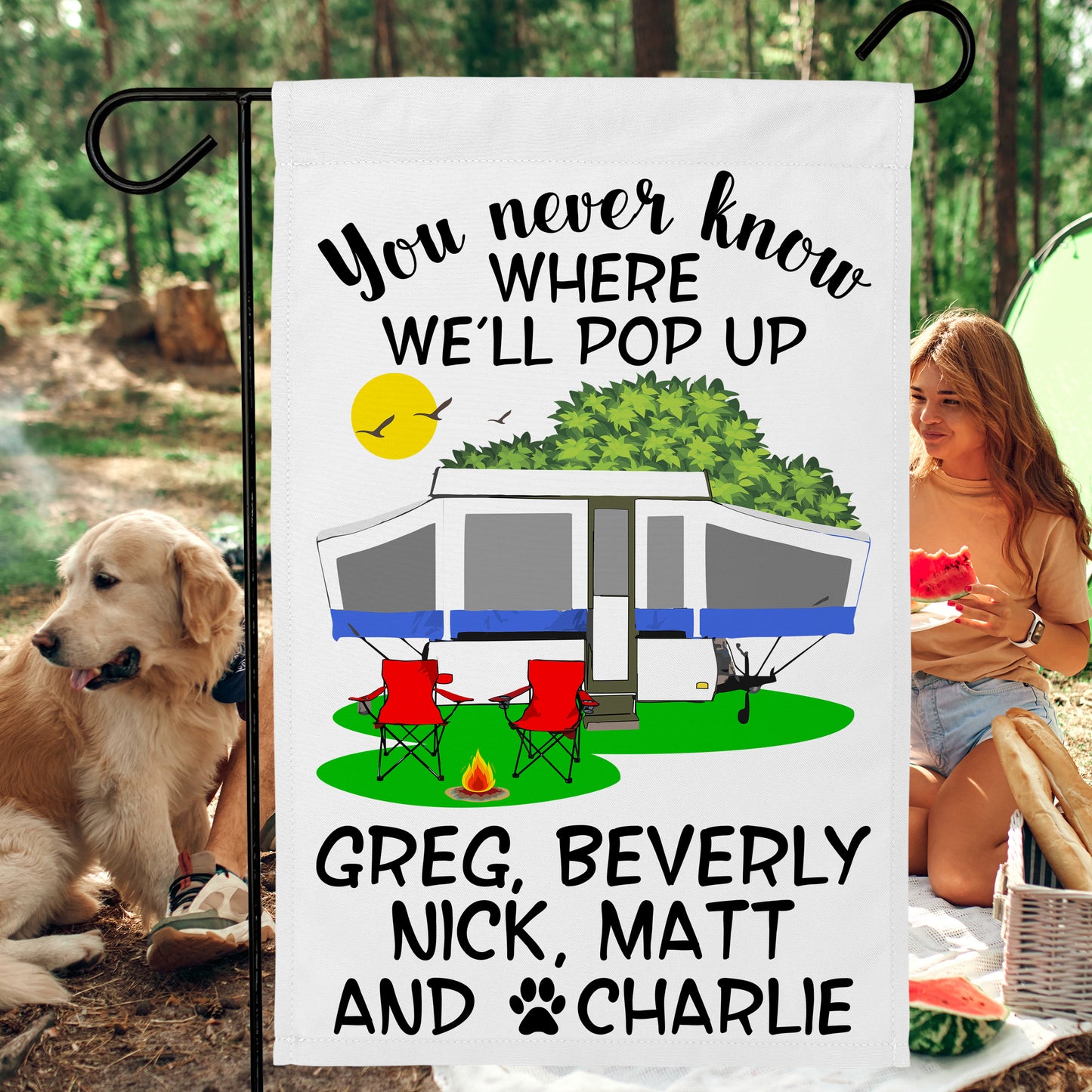 You Never Know Where We'll Pop Up Personalized Campsite Flag on White Fabric