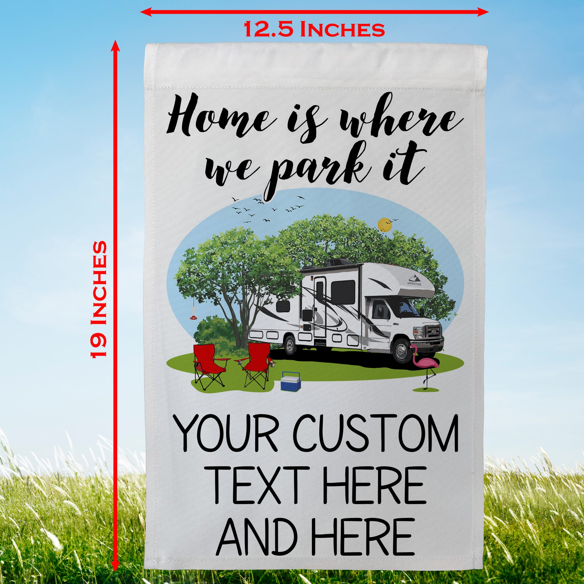 Home is Where We Park It Personalized Camping Flag with Class C Motorhome