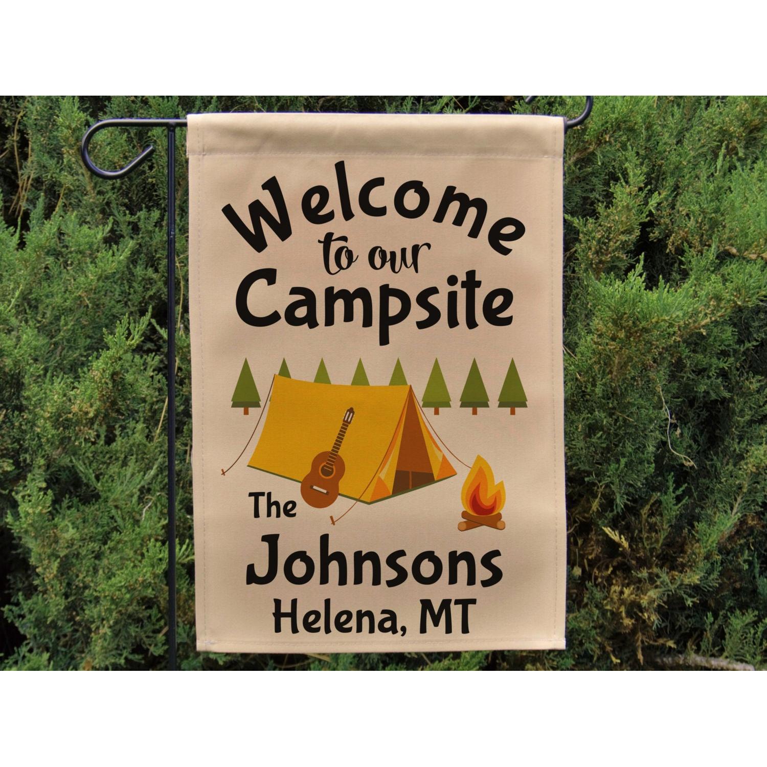 Welcome to our Campsite Personalized Camping Garden Flag, Camping Sign, Father's Day Gift, Tent Flag, Campground Decor, Camp Gift