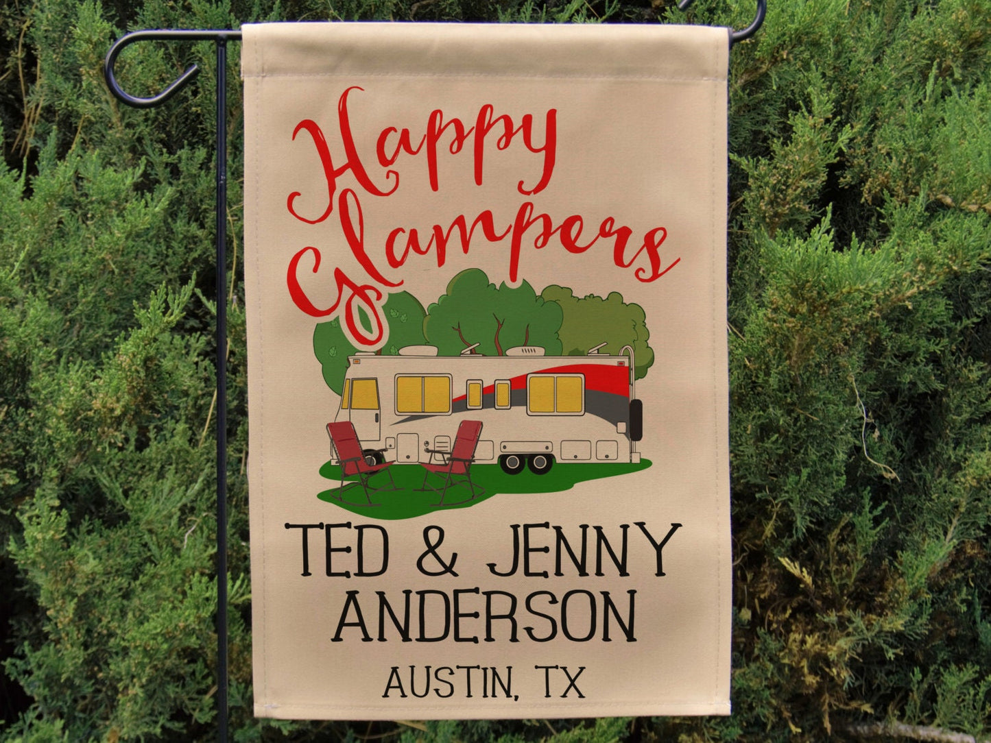 Personalized Happy Glampers, Glamour Camping Campsite Flag, Camp Sign, Class A Motorhome, Camping Decor, Motor Home Camp Flag