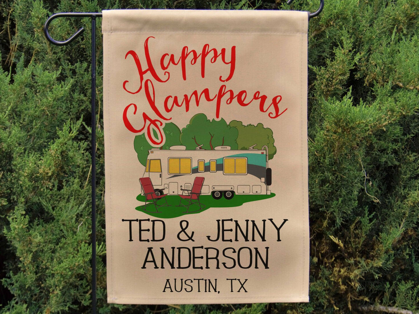 Personalized Happy Glampers, Glamour Camping Campsite Flag, Camp Sign, Class A Motorhome, Camping Decor, Motor Home Camp Flag